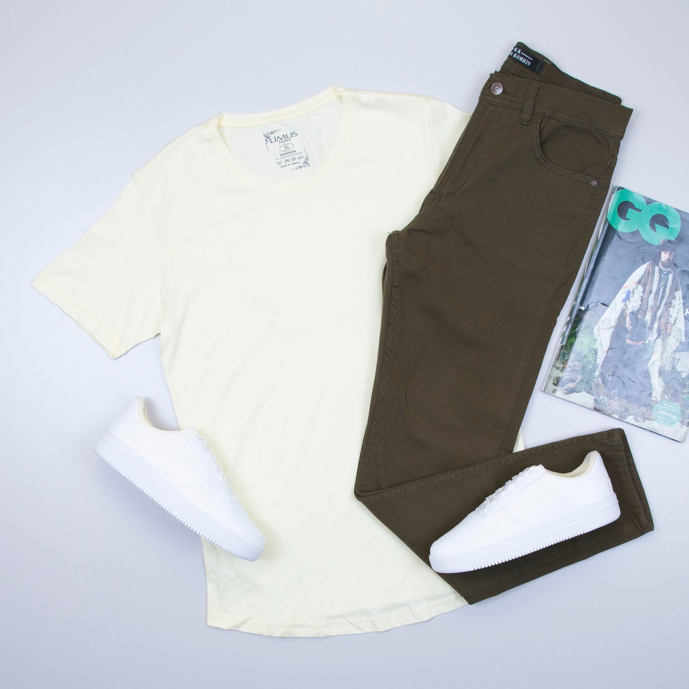 Açık Sarı Basic Tişört Pantolon Ayakkabı Kombin