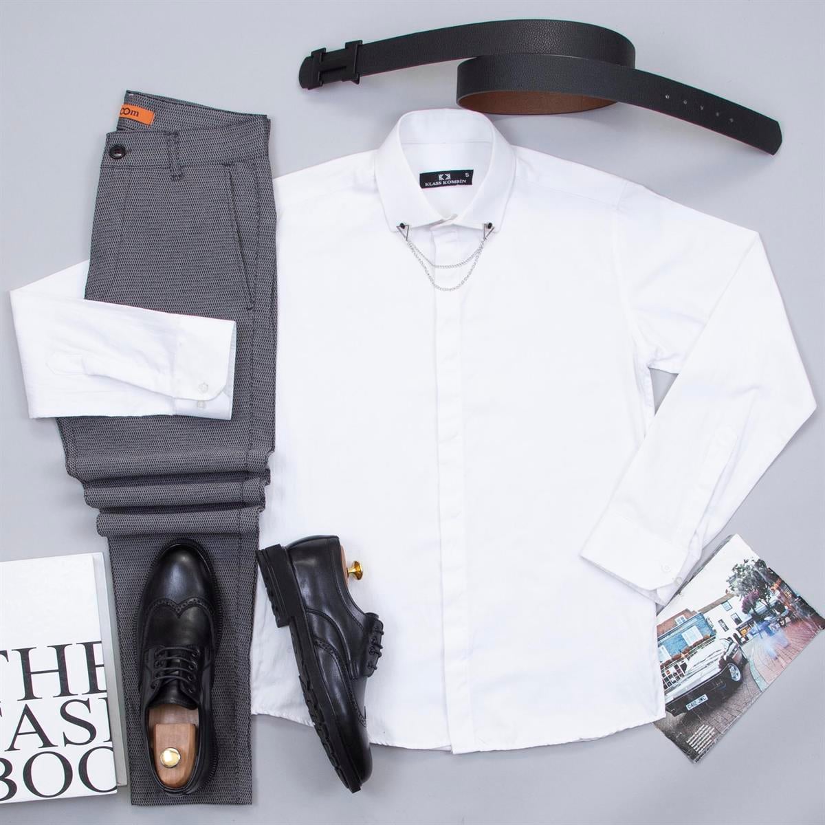 Armürlü Füme Pantolon Beyaz Gömlek Ayakkabı Kombin