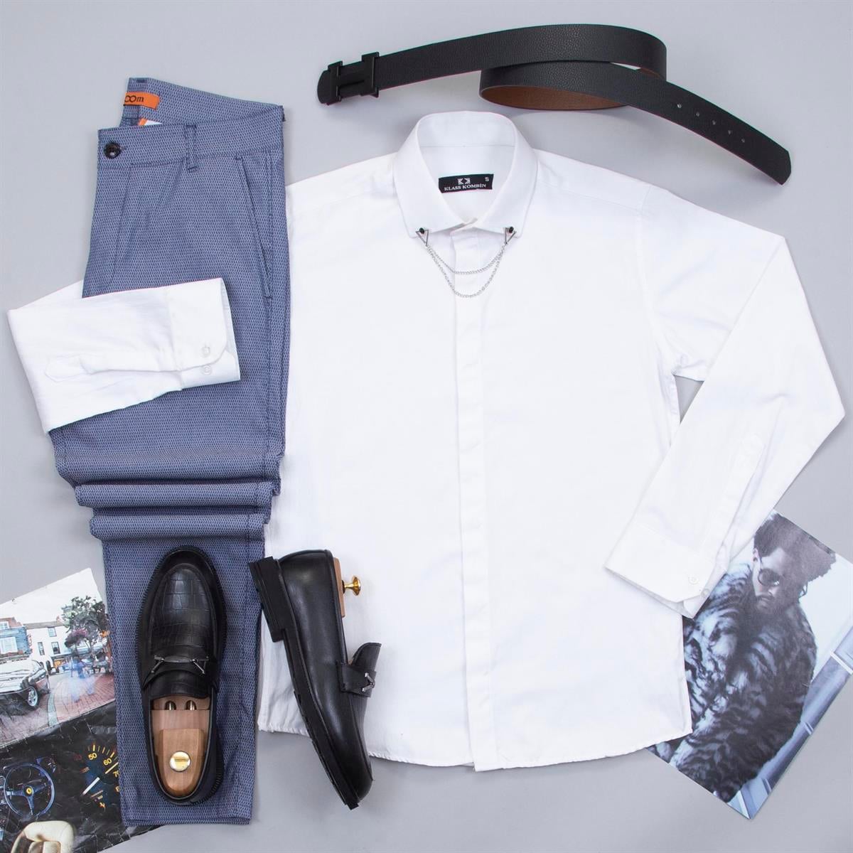 Armürlü Mavi Pantolon Beyaz Gömlek Ayakkabı Kombin