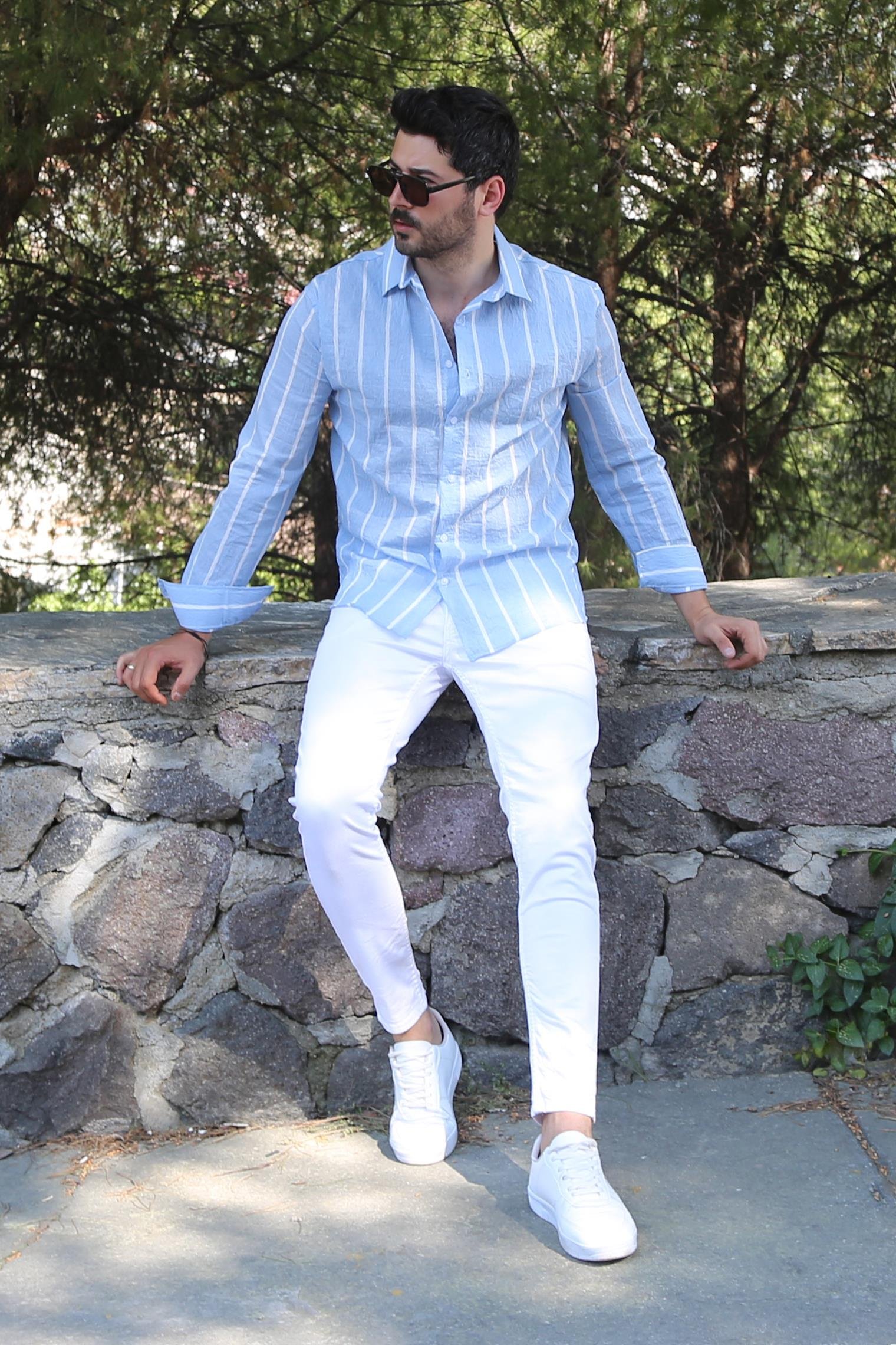 Bebe Mavi Çizgili Gömlek Pantolon Ayakkabı Kombin