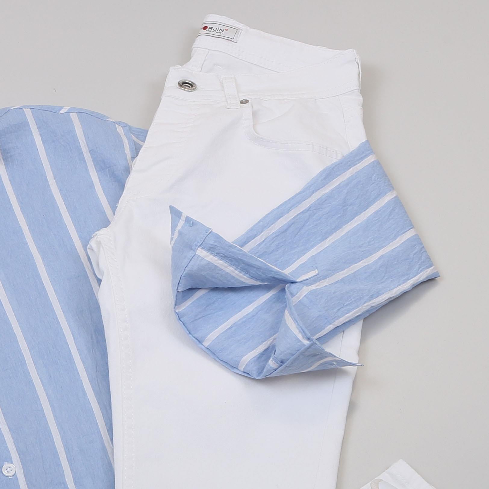 Bebe Mavi Çizgili Gömlek Pantolon Ayakkabı Kombin