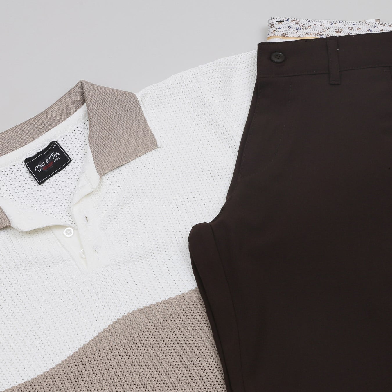 Bej Beyaz Triko Polo Yaka Tişört Pantolon Kombini Erkek | Slim Fit Şık Günlük Set