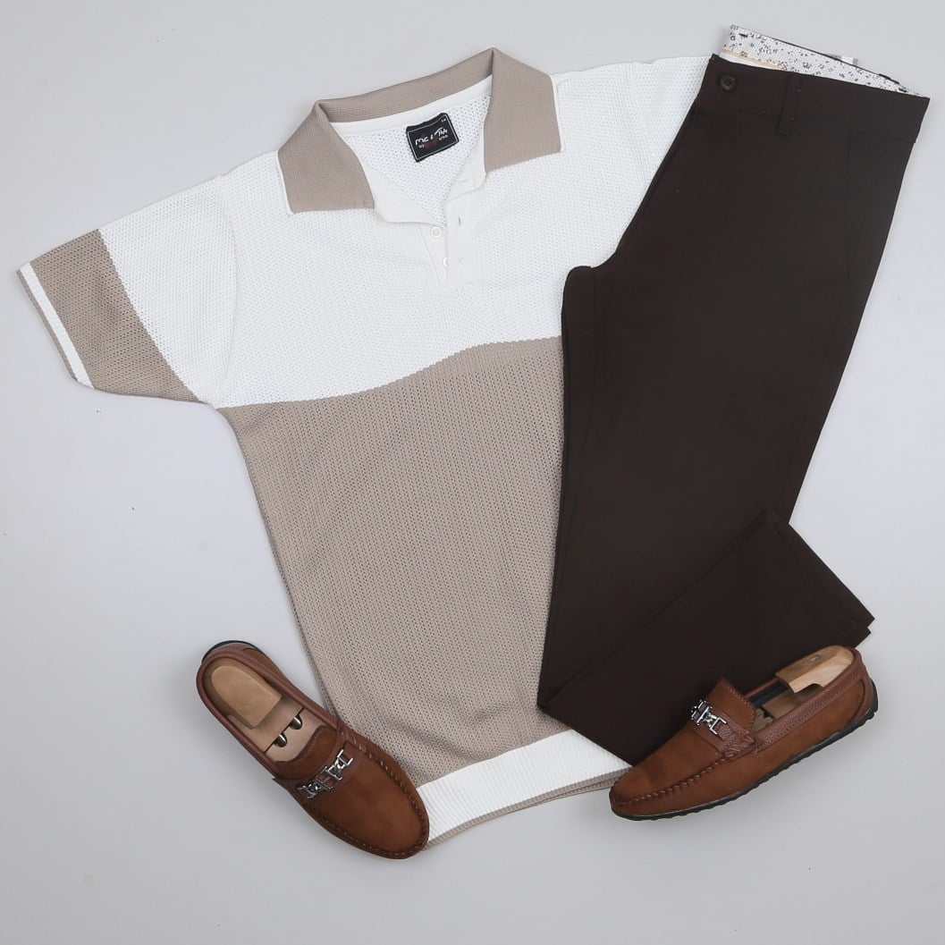 Bej Beyaz Triko Polo Yaka Tişört Pantolon Kombini Erkek | Slim Fit Şık Günlük Set