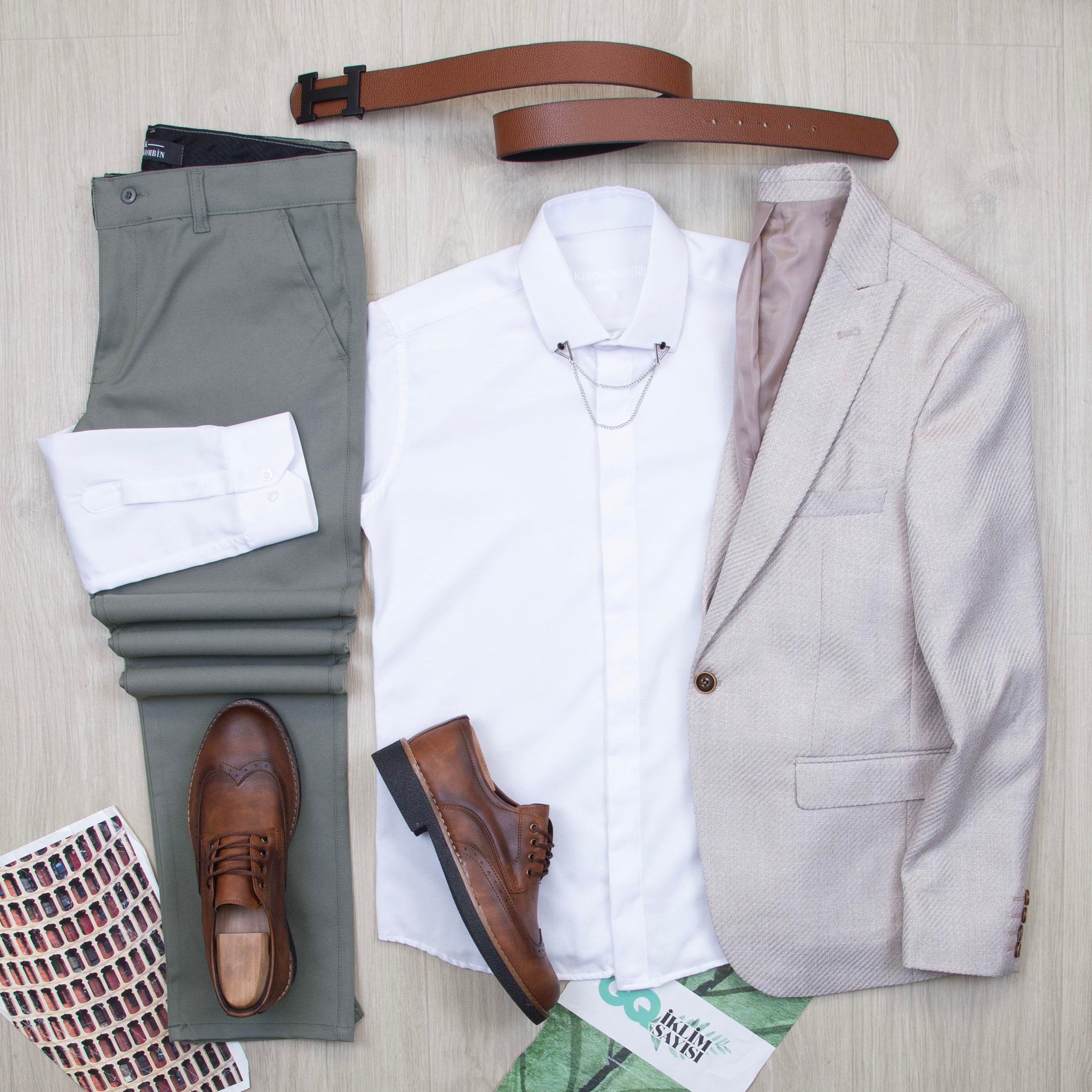 Bej Blazer Ceket Gömlek Pantolon Ayakkabı Kombin