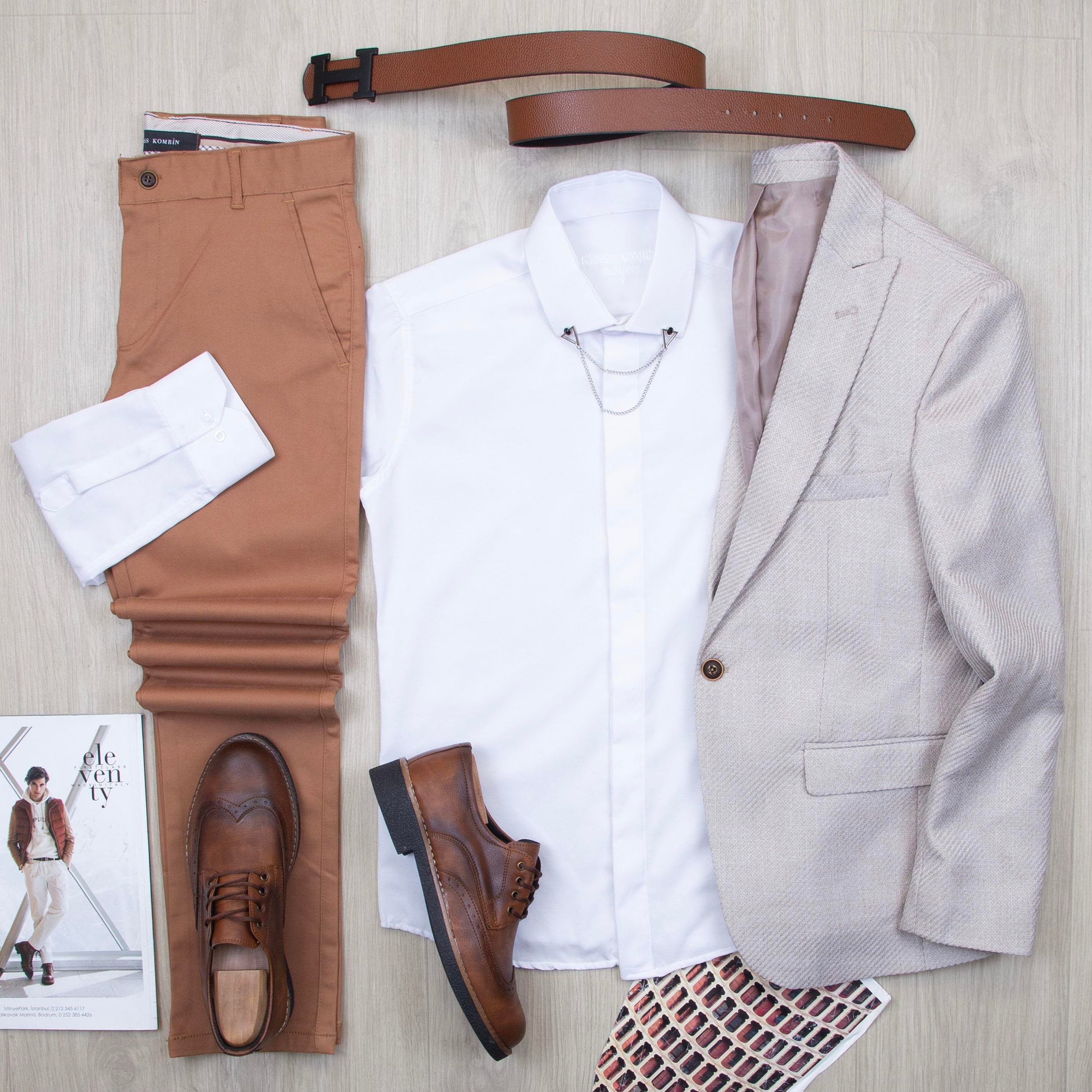 Bej Blazer Ceket Gömlek Pantolon Ayakkabı Kombin