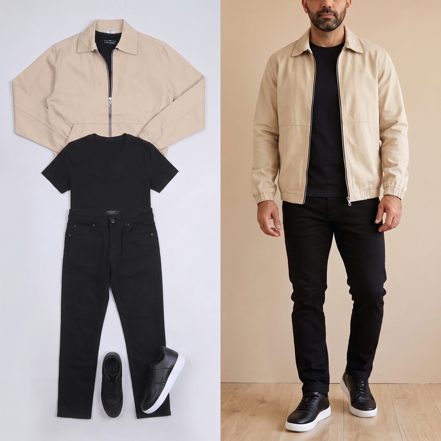 Bej Bomber Ceket Tişört Pantolon Ayakkabı Kombini