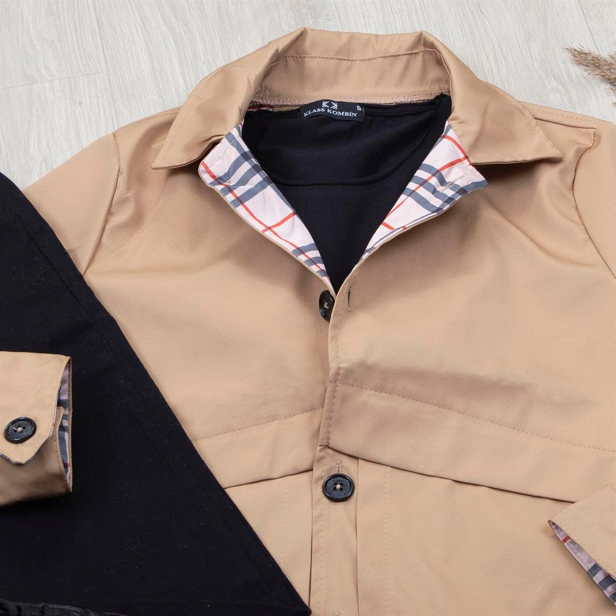 Bej Ceket Tişört Pantolon Ayakkabı Kombin