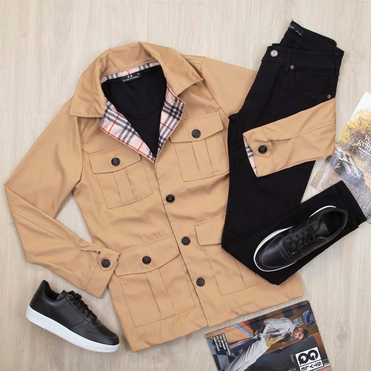 Bej Ceket Tişört Pantolon Ayakkabı Kombin