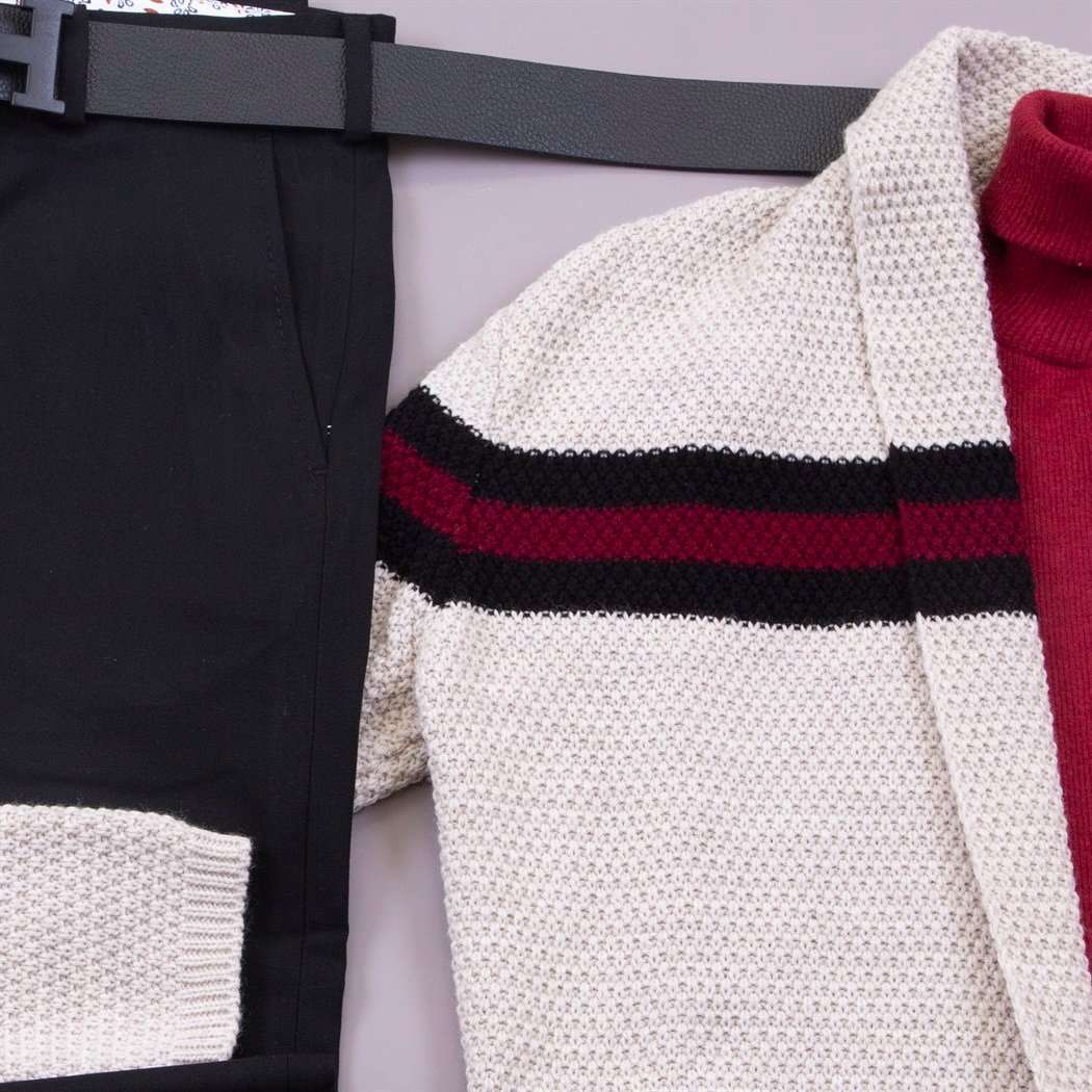 Bej Çizgi Detaylı Hırka Kazak Pantolon Bot Kombin