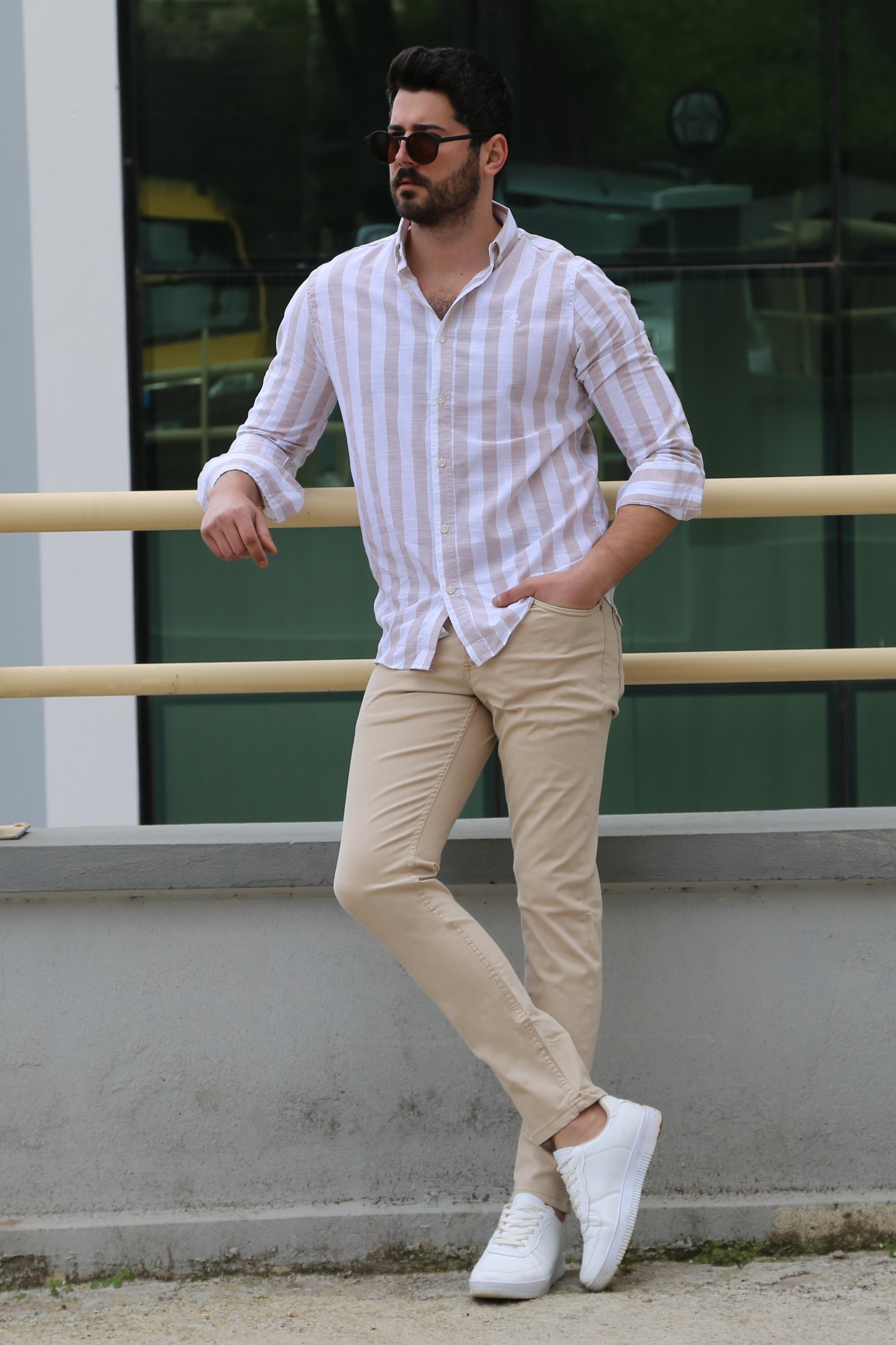 Bej Çizgili Gömlek Pantolon Ayakkabı Kombin