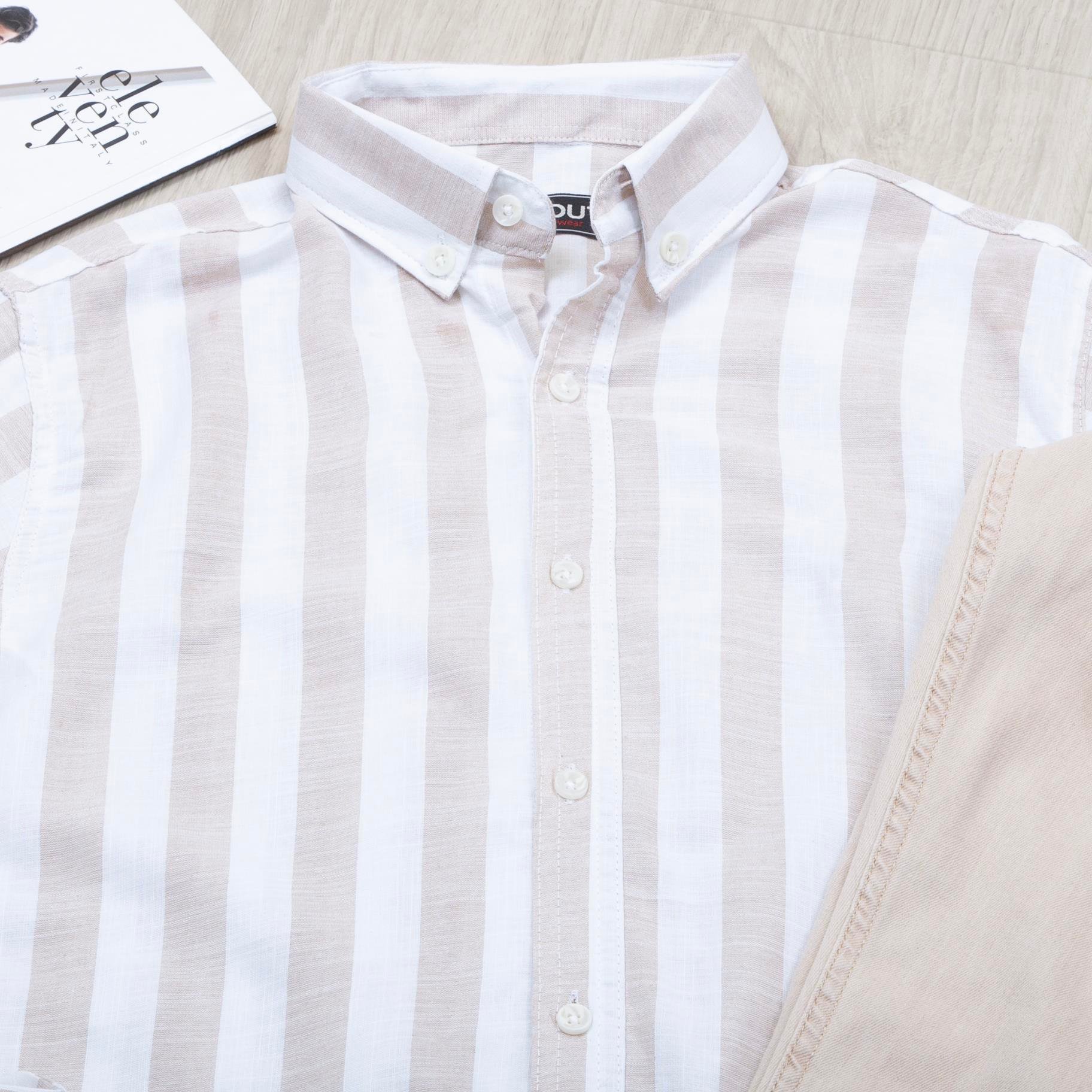 Bej çizgili Gömlek Pantolon Ayakkabı Kombin