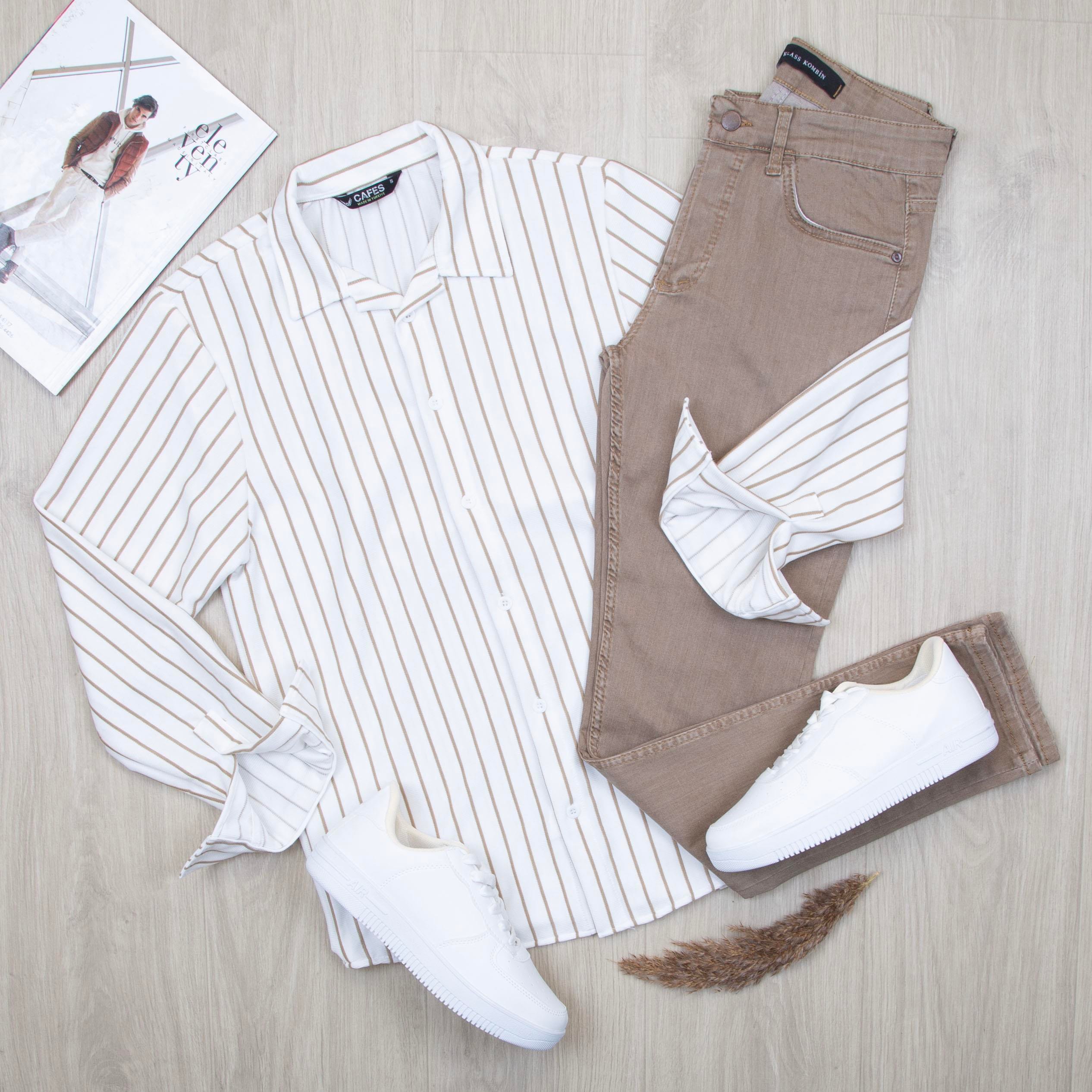 Bej Çizgili Gömlek Pantolon Ayakkabı Kombin