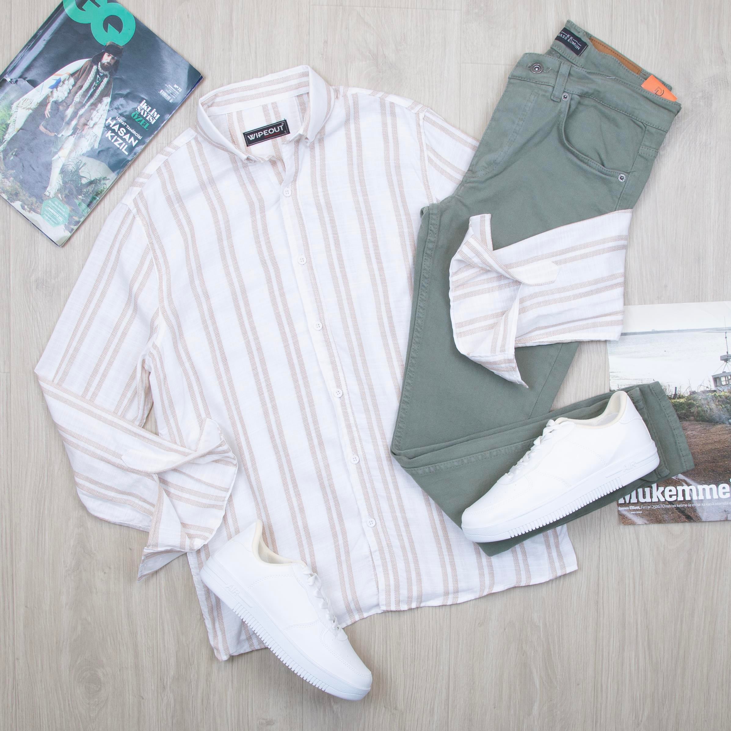 Bej çizgili Gömlek Pantolon Ayakkabı Kombin