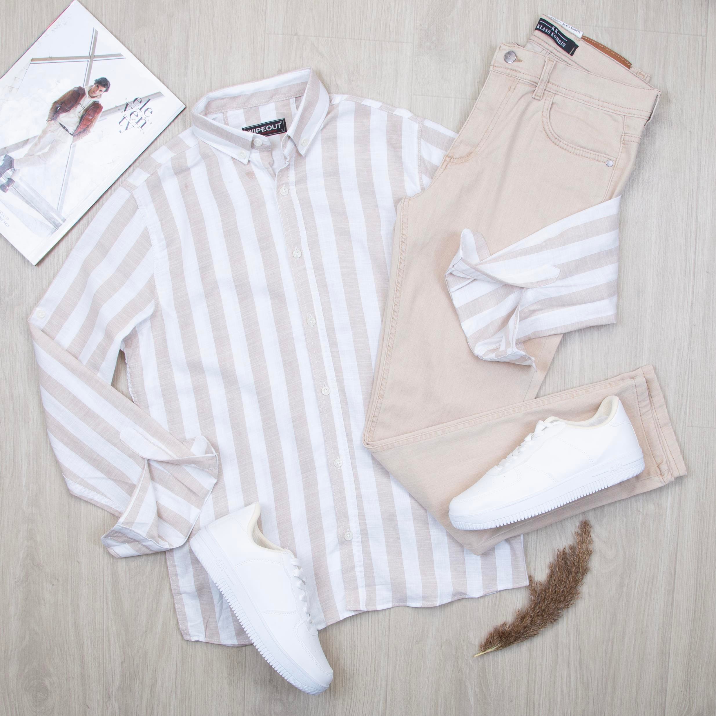 Bej çizgili Gömlek Pantolon Ayakkabı Kombin