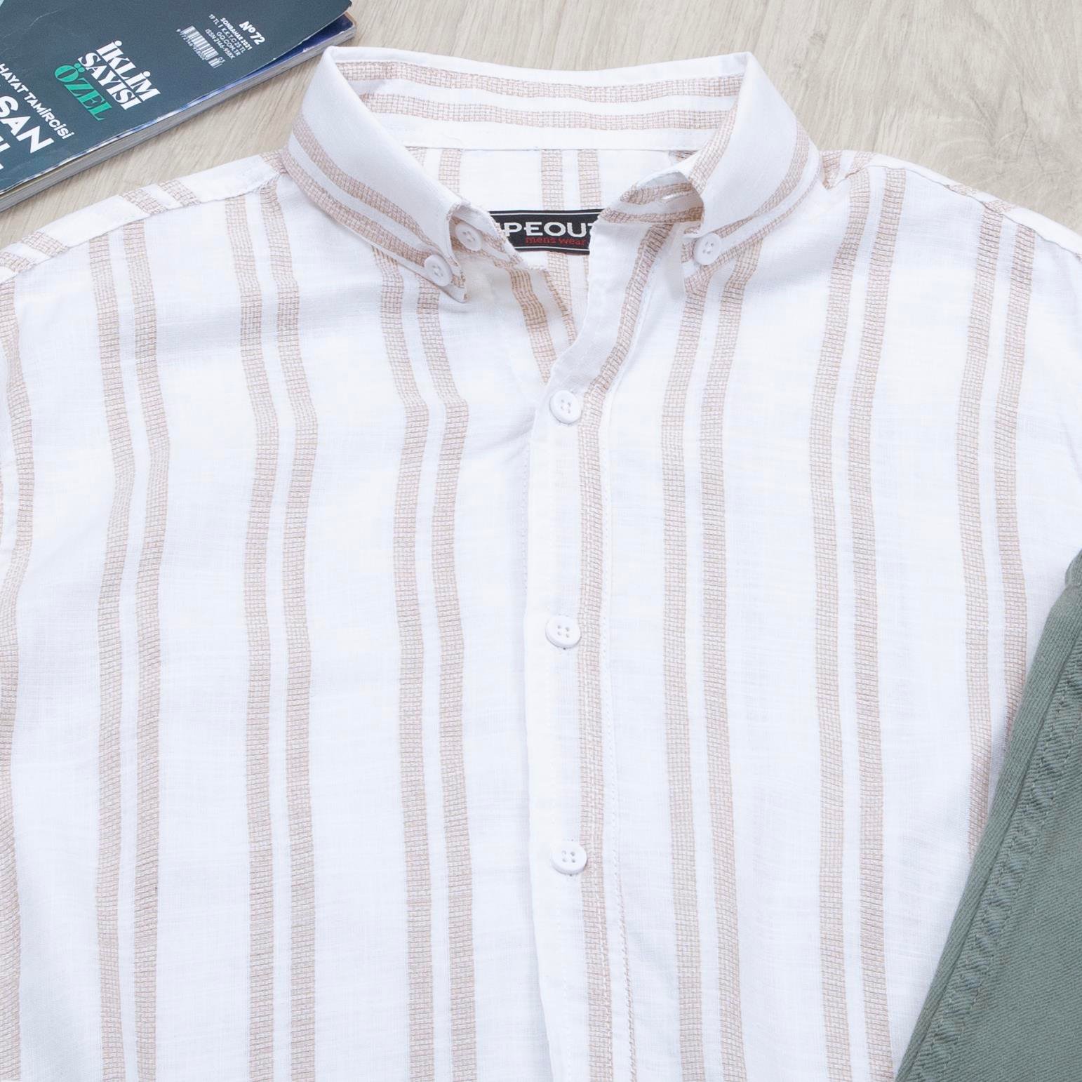 Bej çizgili Gömlek Pantolon Ayakkabı Kombin