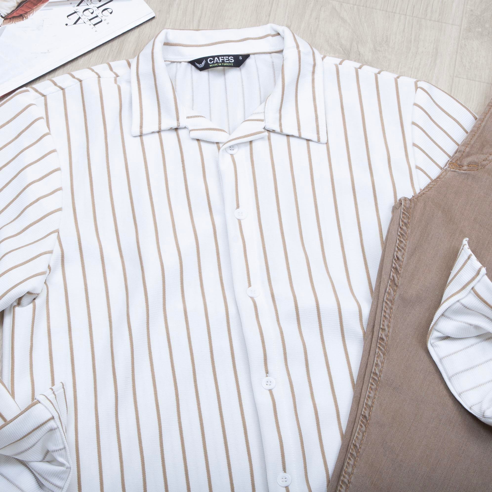 Bej Çizgili Gömlek Pantolon Ayakkabı Kombin