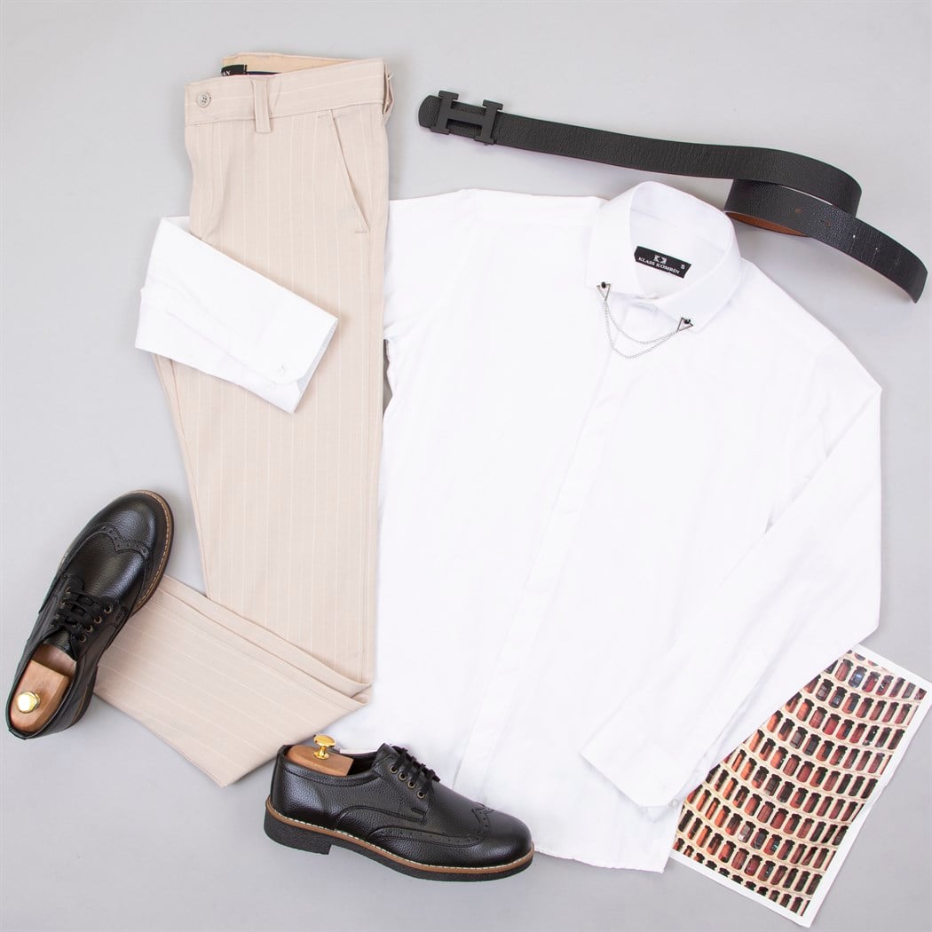 Bej Çizgili Pantolon Gömlek Ayakkabı Kombin