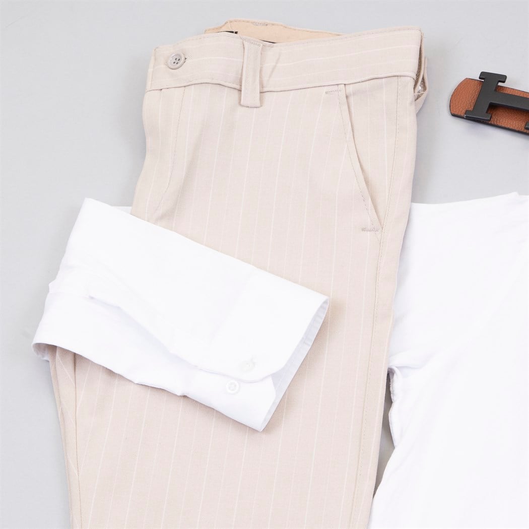 Bej Çizgili Pantolon Gömlek Ayakkabı Kombin