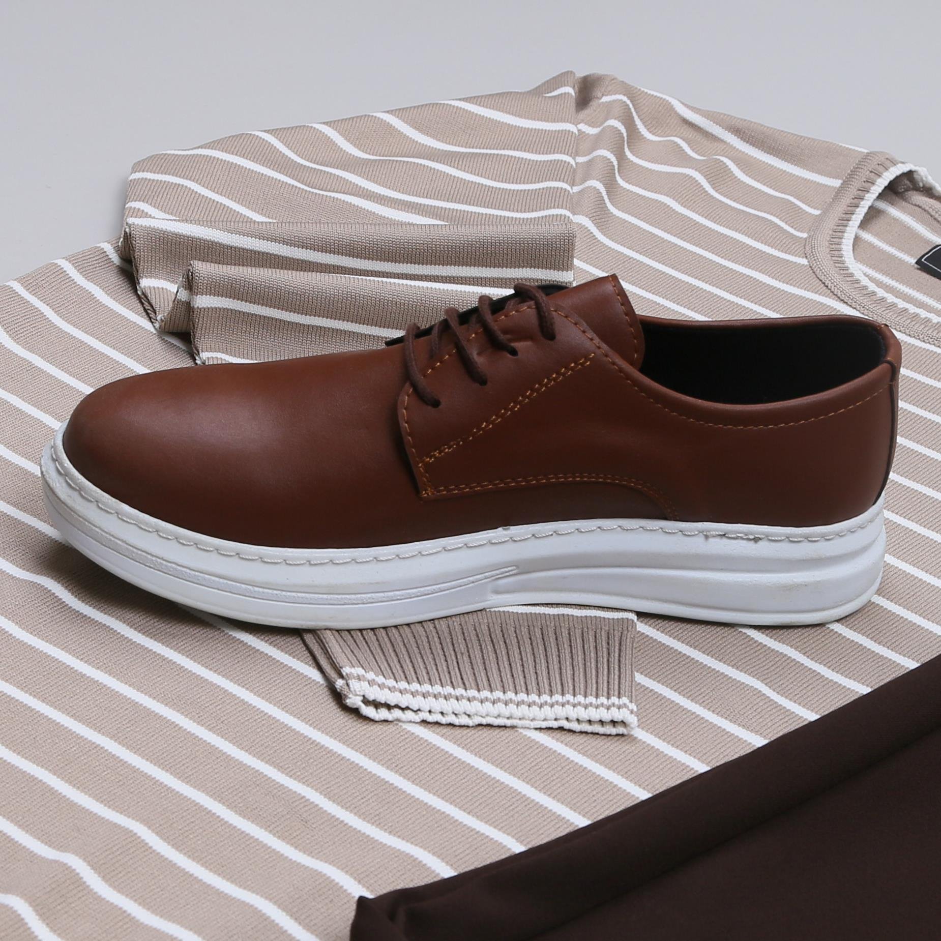 Bej Çizgili triko Baggy Kahve kumaş Pantolon