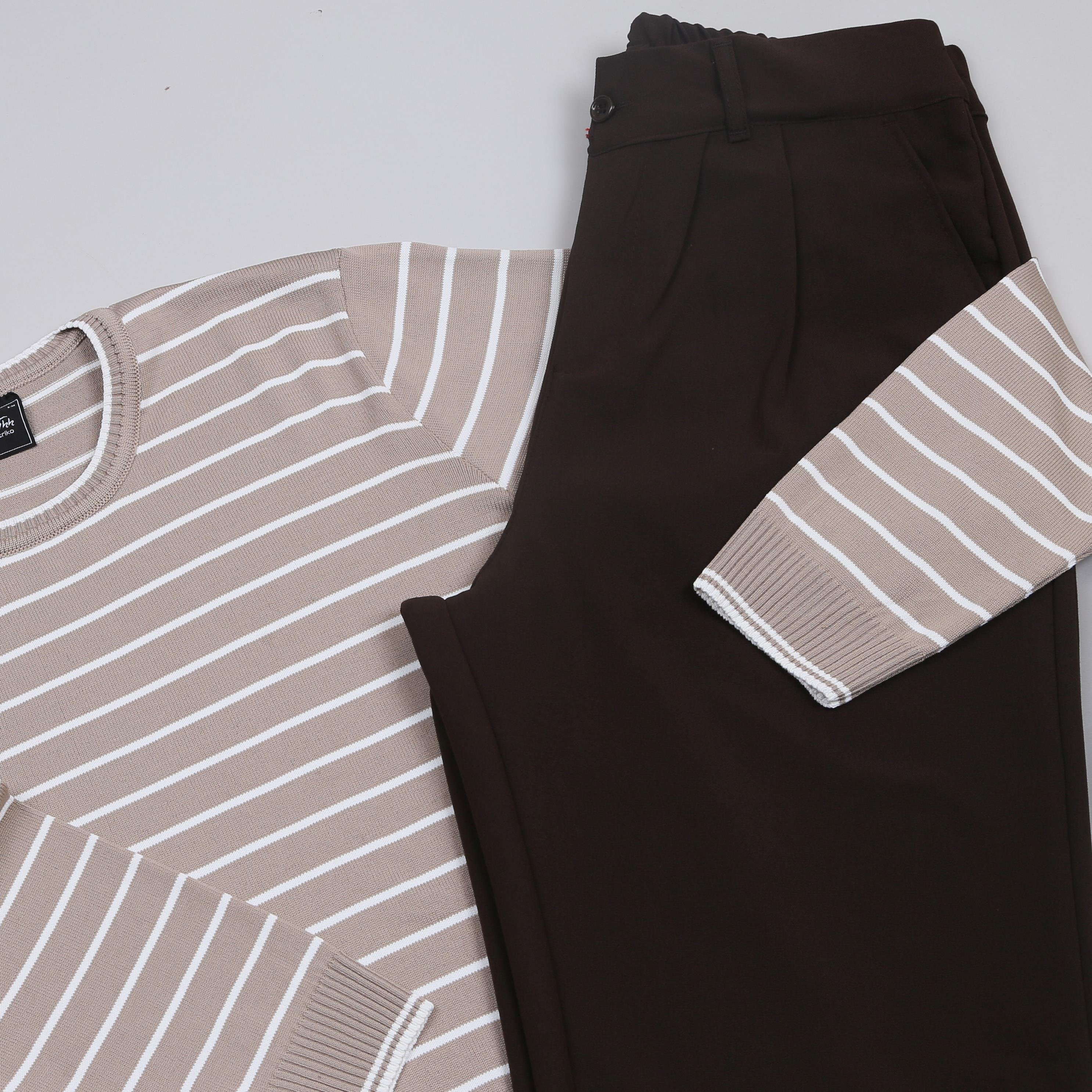 Bej Çizgili triko Baggy Kahve kumaş Pantolon