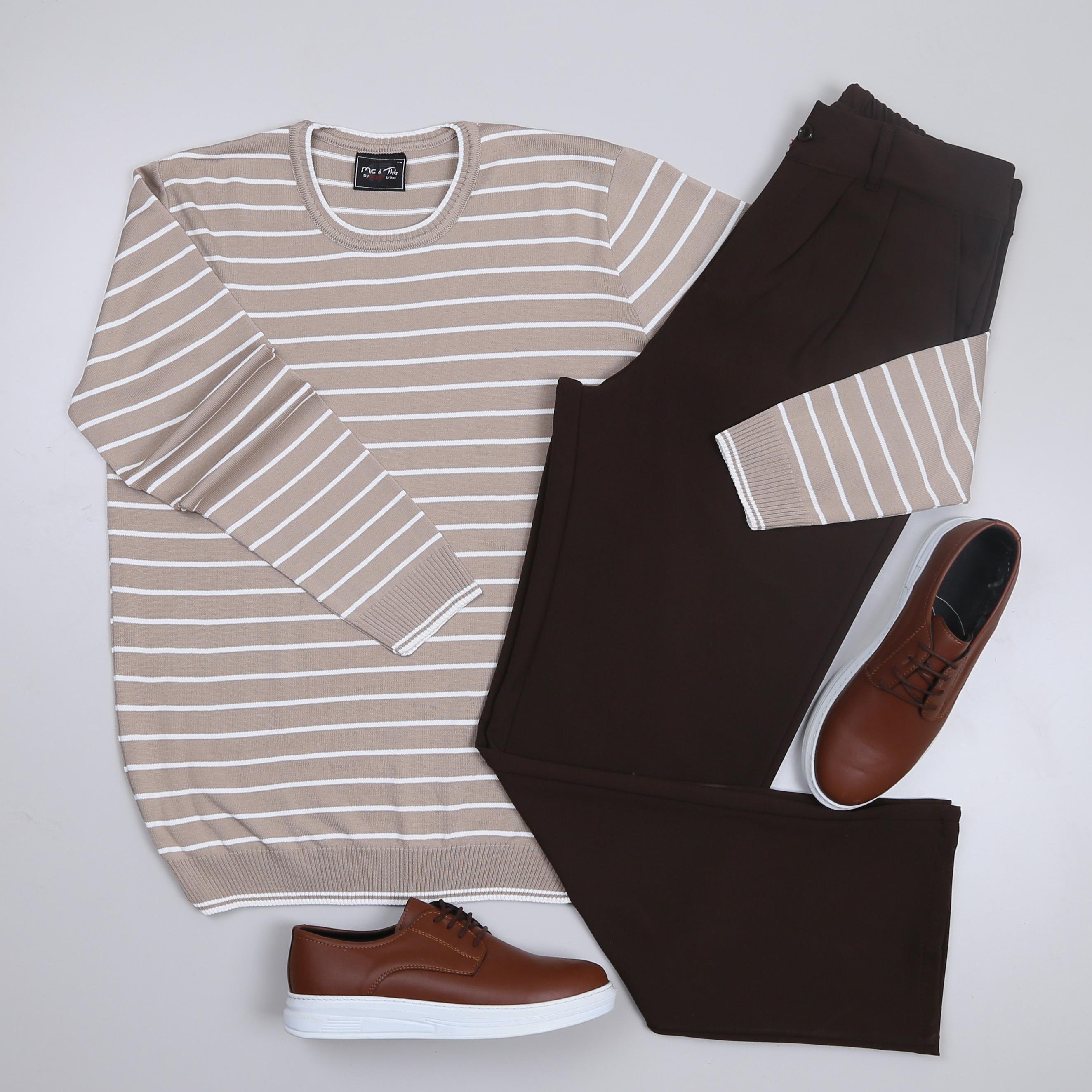 Bej Çizgili triko Baggy Kahve kumaş Pantolon