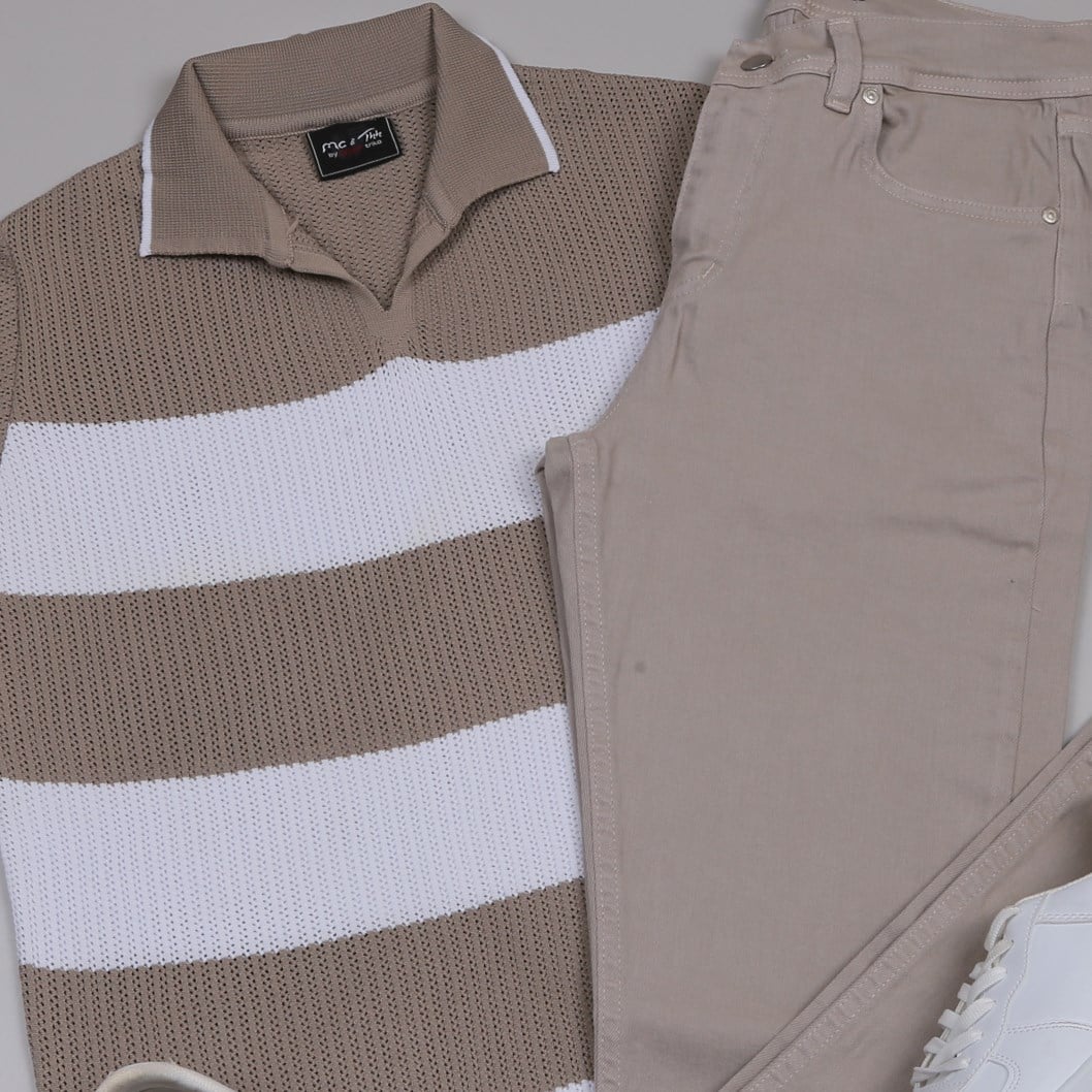 bej çizgili Triko Polo Yaka Tişört bej  kot  pantolon  ayakkabı Kombin