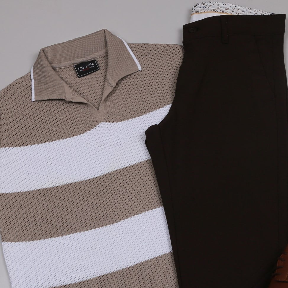 bej çizgili Triko Polo Yaka Tişört kahve  kumaş  pantolon  ayakkabı Kombin