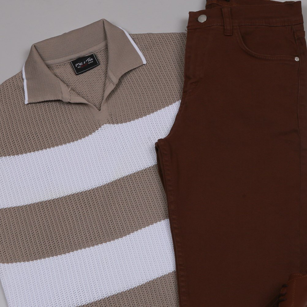 bej çizgili Triko Polo Yaka Tişört kahve  kot  pantolon  ayakkabı Kombin