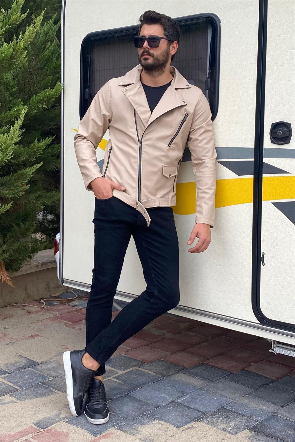 Bej Deri Ceket Kombini