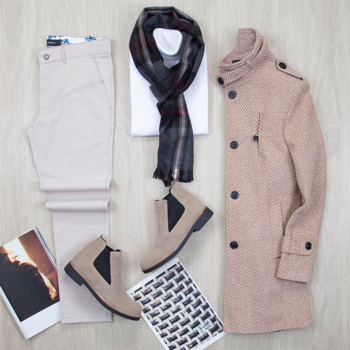 Bej Desenli Kaşe Kaban Boğazlı Body Pantolon Bot Kombin