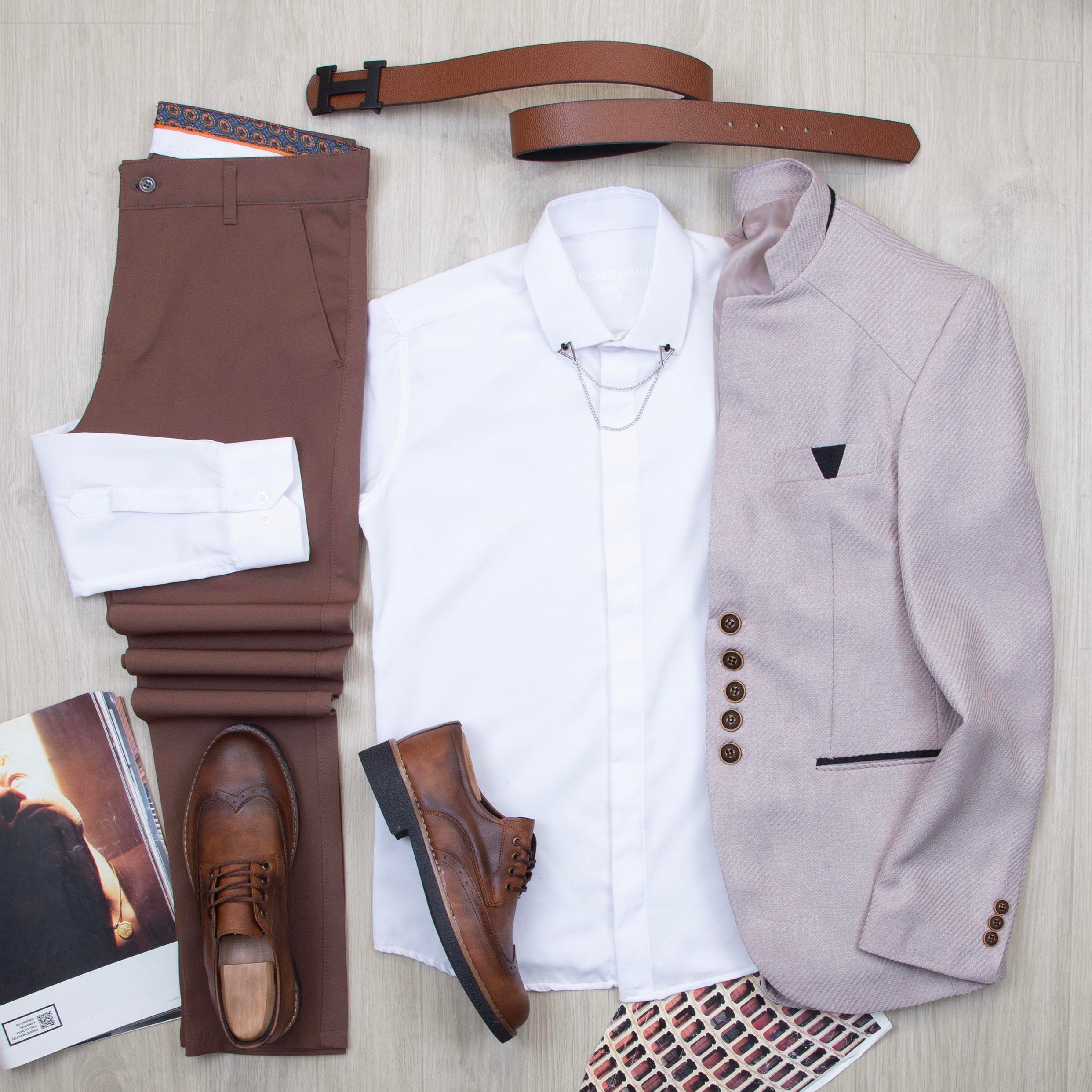 Bej Dik Yaka Blazer Ceket Gömlek Pantolon Ayakkabı Kombin