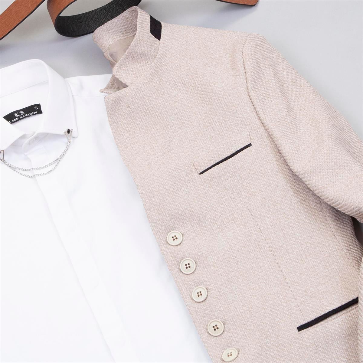 Bej Dik Yaka Blazer Ceket Gömlek Pantolon Ayakkabı Kombin