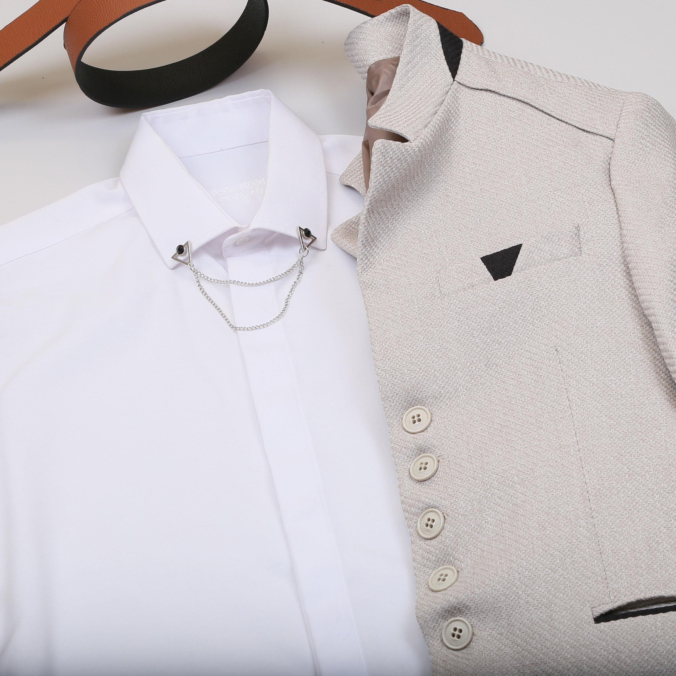 Bej Dik Yaka Blazer Ceket Gömlek Pantolon Ayakkabı Kombin