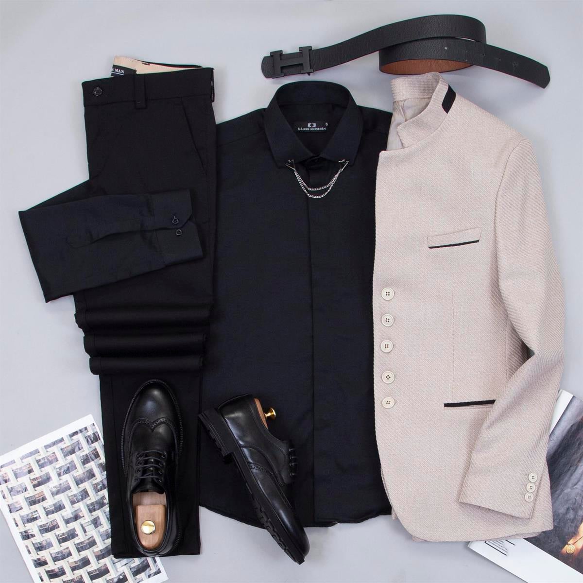 Bej Dik Yaka Blazer Ceket Gömlek Pantolon Ayakkabı Kombin