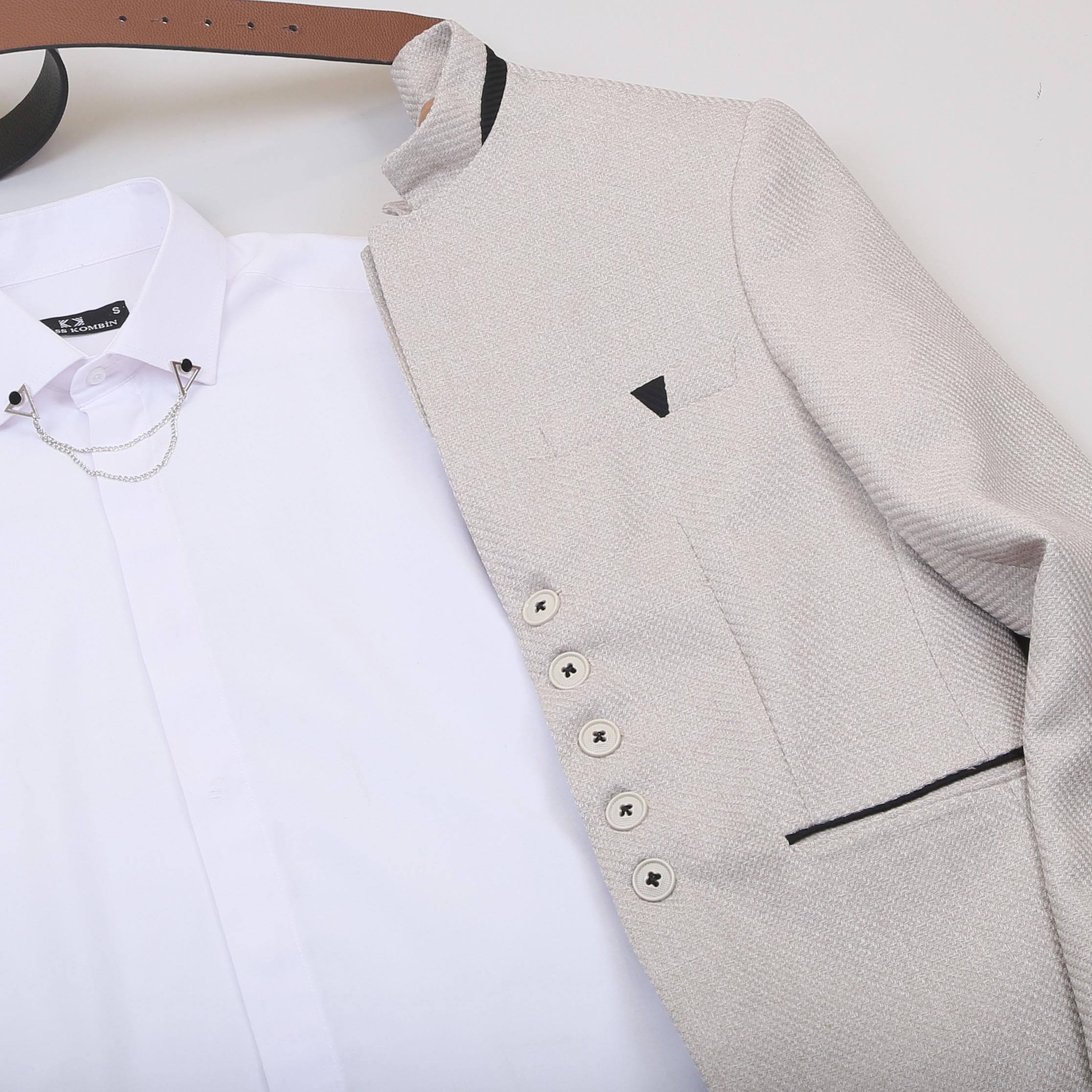 Bej Dik Yaka Blazer Ceket Gömlek Pantolon Ayakkabı Kombin