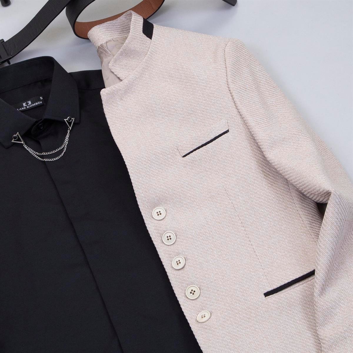 Bej Dik Yaka Blazer Ceket Gömlek Pantolon Ayakkabı Kombin