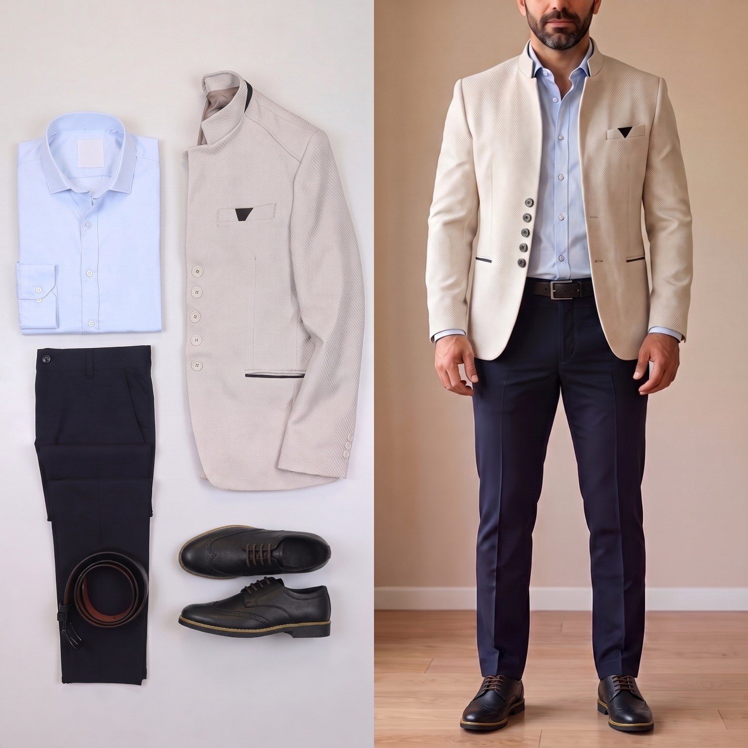 Bej Dik Yaka Blazer Ceket Kombini Erkek | Slim Fit Şık Komple Set