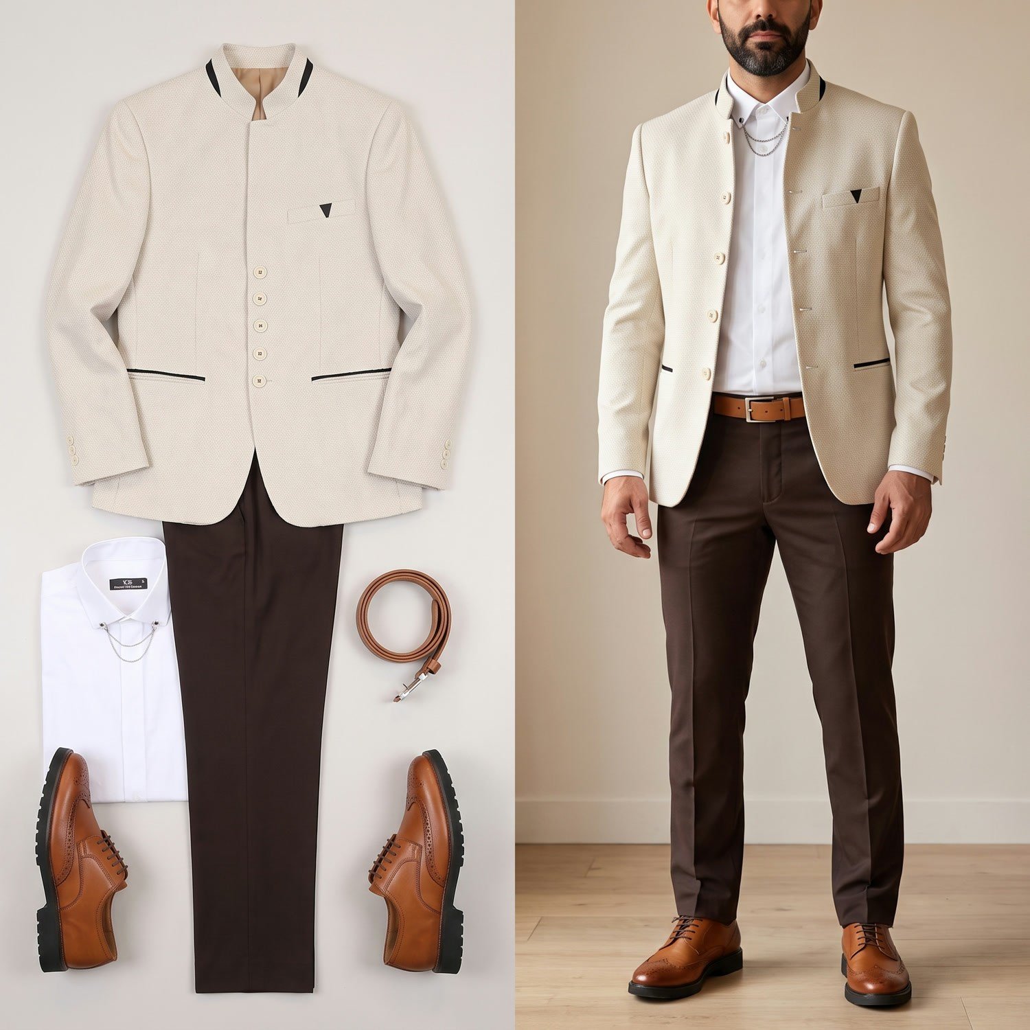 Bej Dik Yaka Blazer Ceket Gömlek Pantolon Ayakkabı Kombin