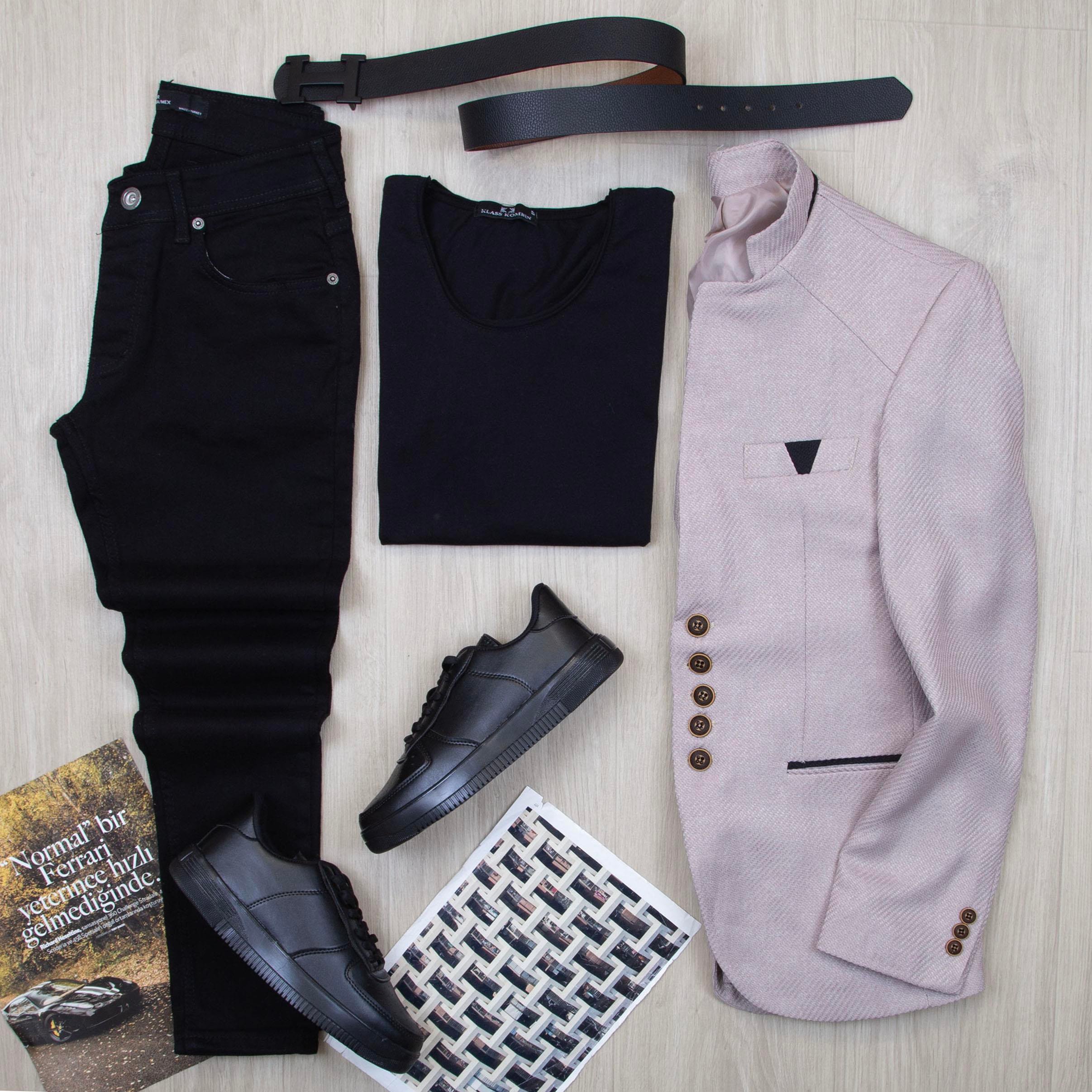 Bej Dik Yaka Blazer Ceket Tişört Pantolon Ayakkabı Kombin