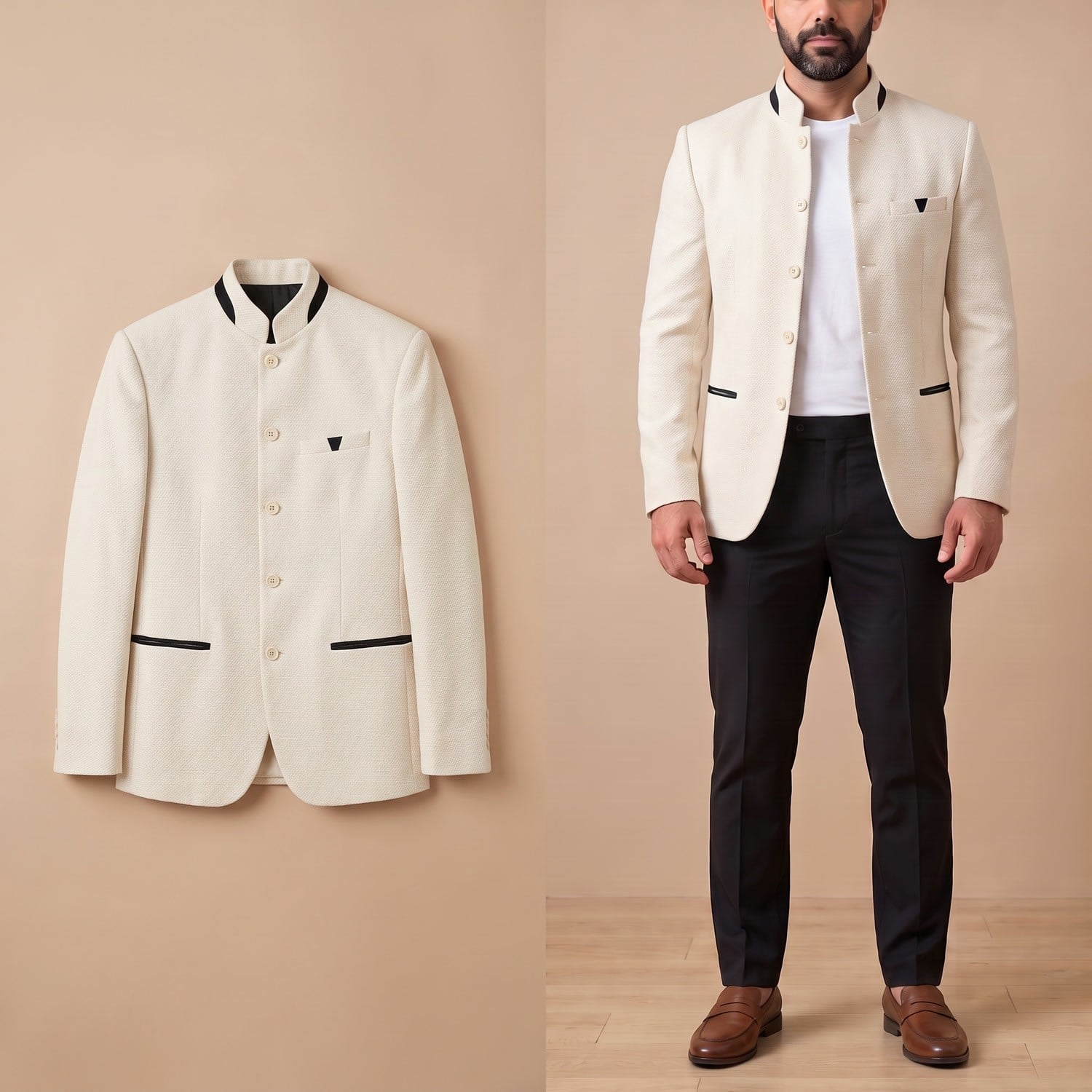 Bej Dik Yaka Tek Ceket Erkek | Slim Fit Modern Şık Blazer Ceket