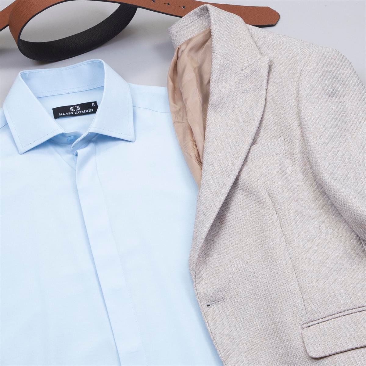 Bej Ekose Blazer Ceket Gömlek Pantolon Ayakkabı Kombin