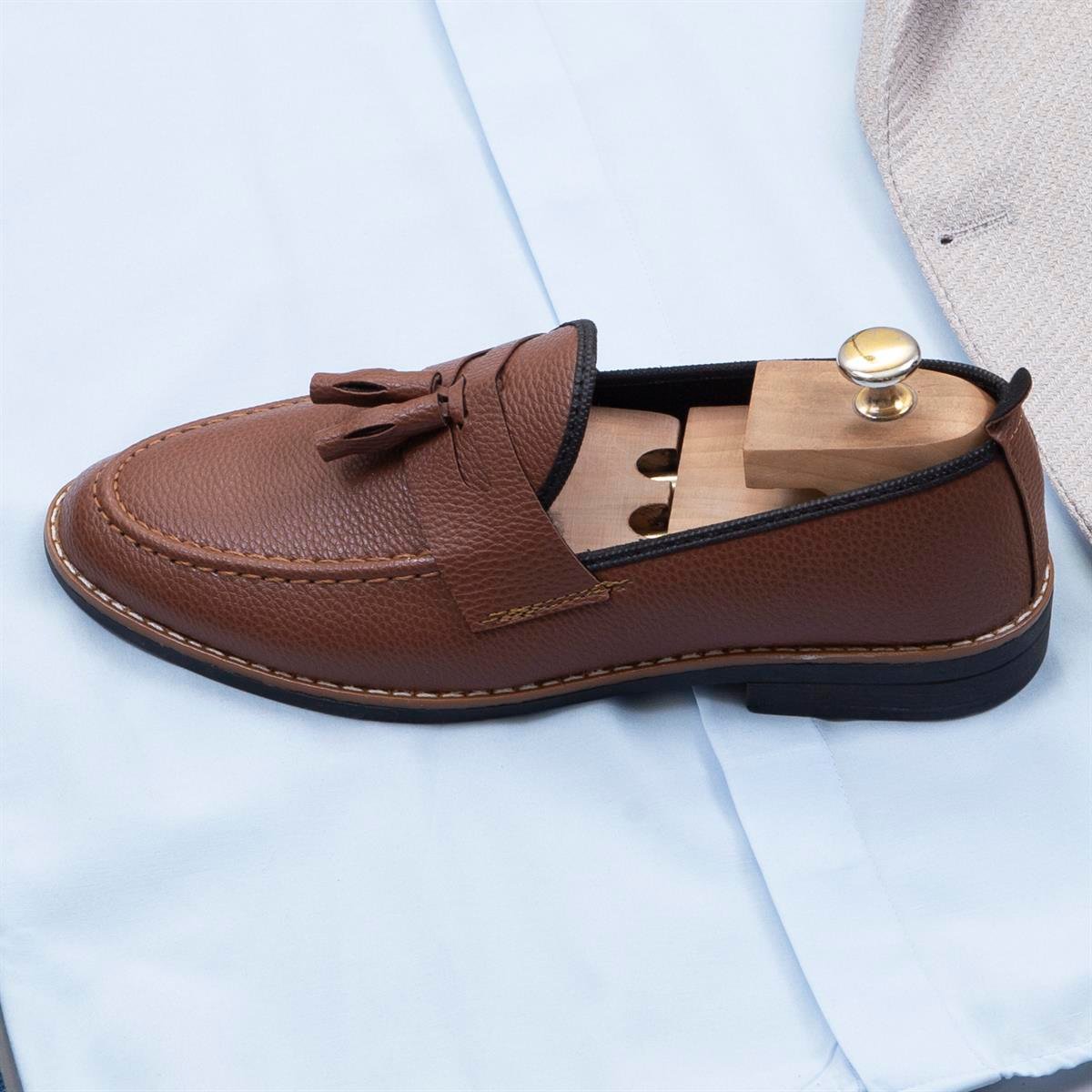 Bej Ekose Blazer Ceket Gömlek Pantolon Ayakkabı Kombin