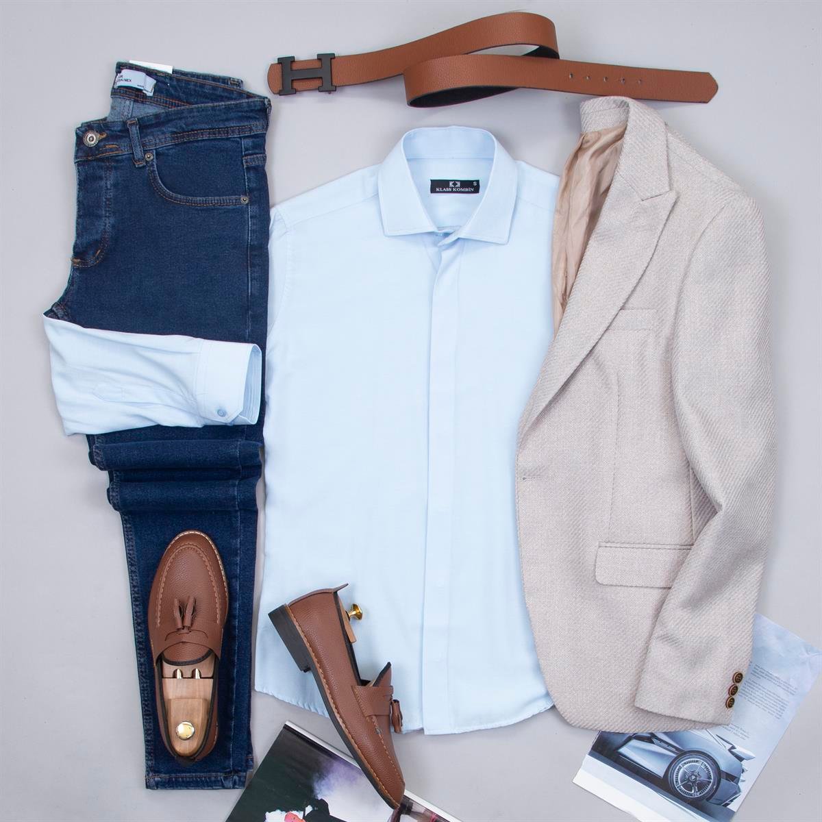 Bej Ekose Blazer Ceket Gömlek Pantolon Ayakkabı Kombin