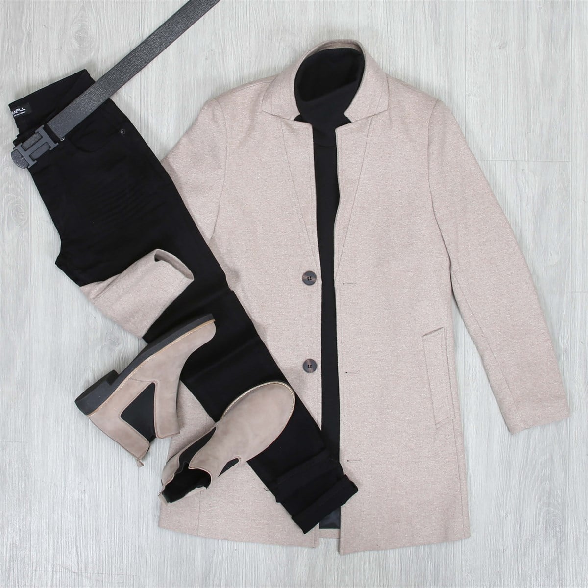 Bej Ekose Kaşe Pantolon Bot Kombin