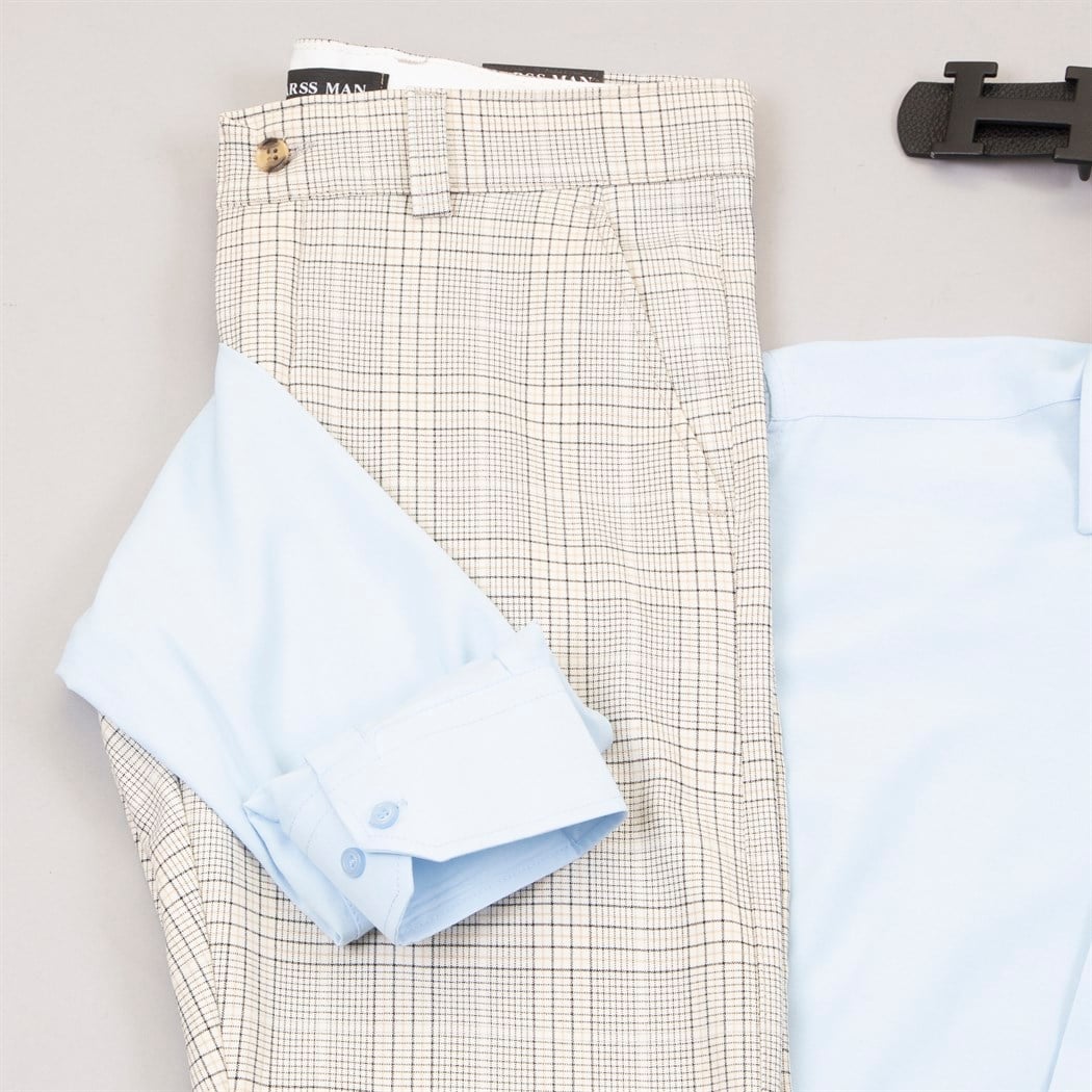 Bej Ekoseli Pantolon Gömlek Ayakkabı Kombin