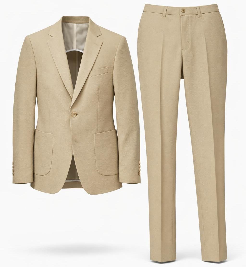 Bej Gofre Kumaş Ceket Pantolon Kombini