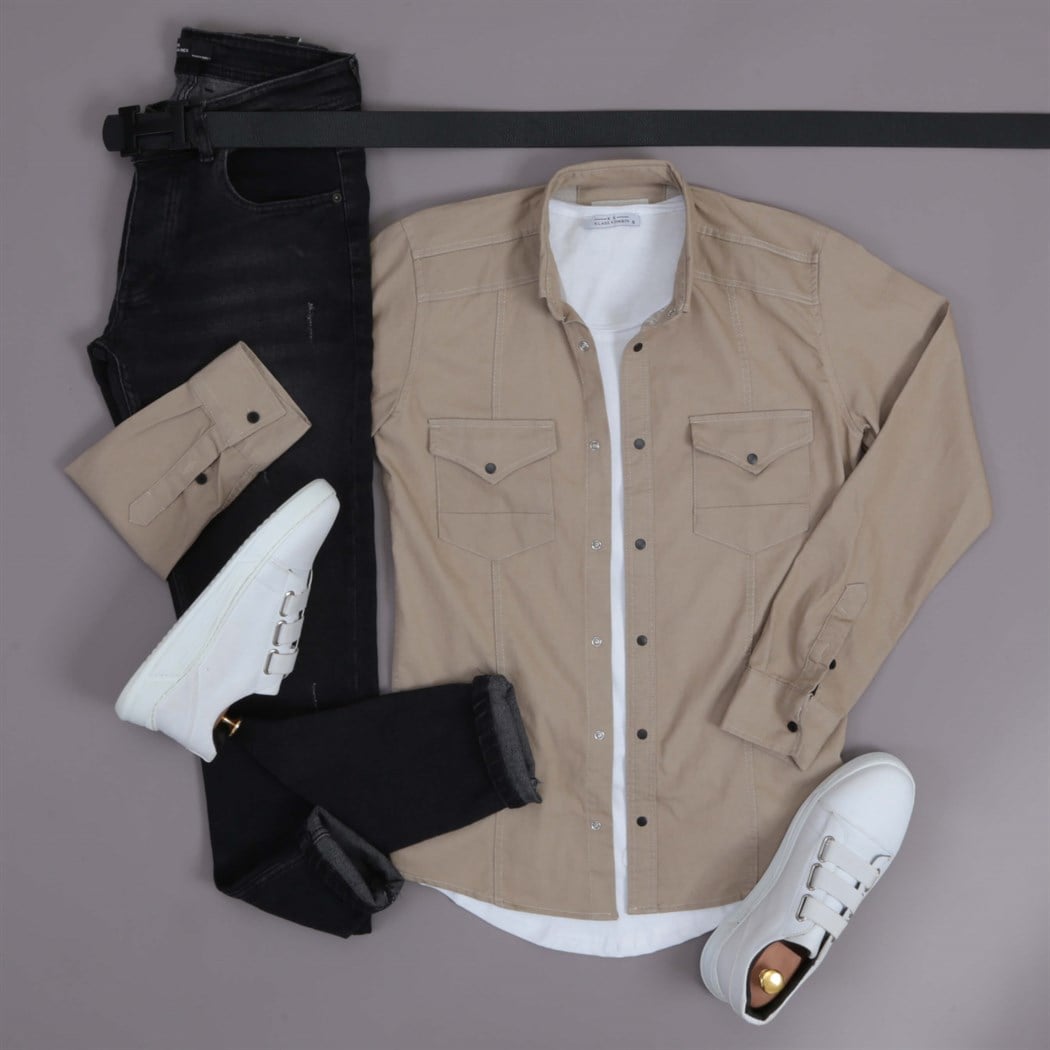 Bej Gömek Pantolon Ayakkabı Kombini