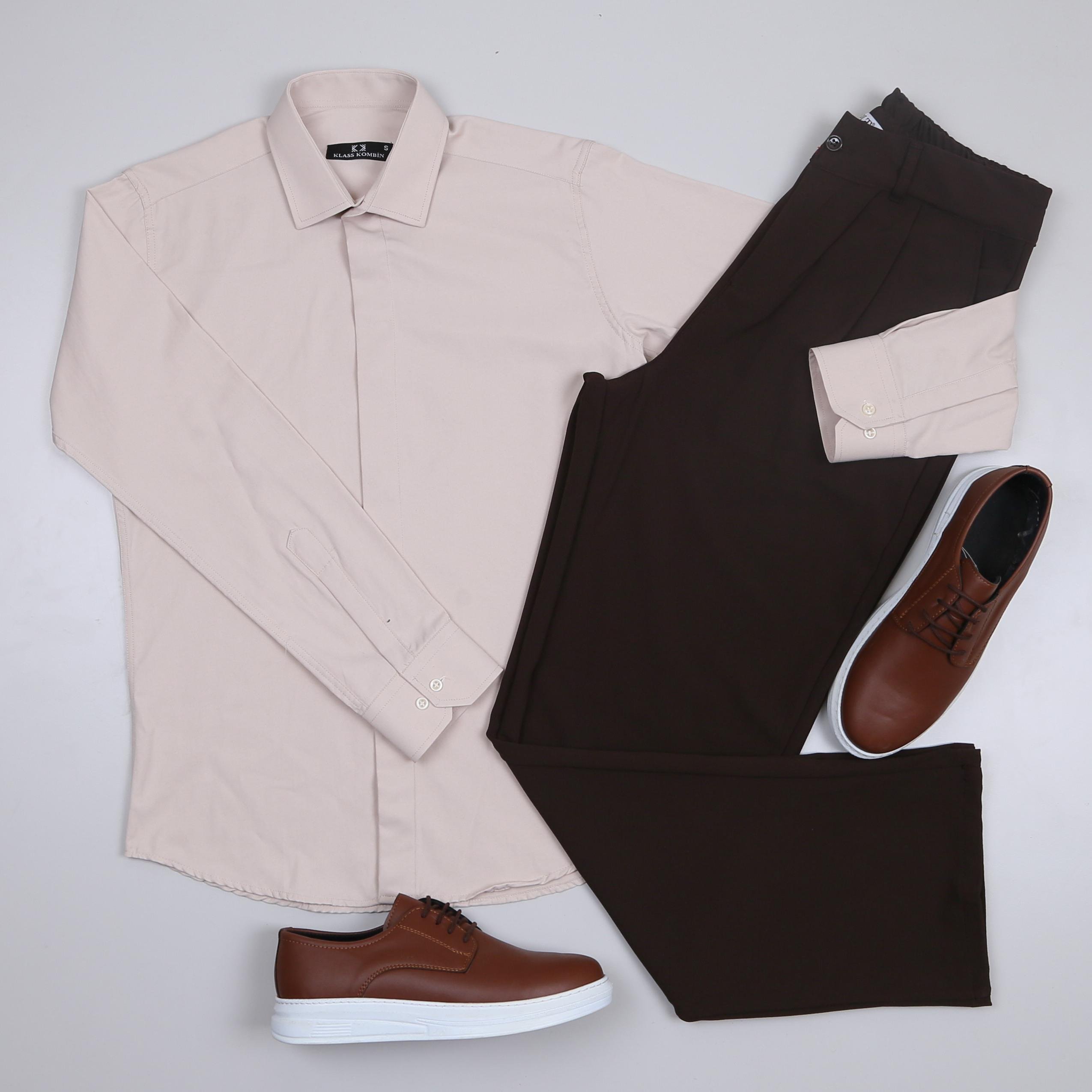 Bej  Gömlek Baggy Kahve kumaş Pantolon