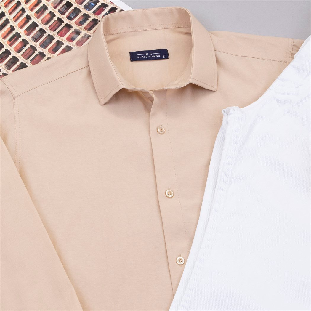 Bej Gömlek Beyaz Kot Pantolon Ayakkabı Kombin