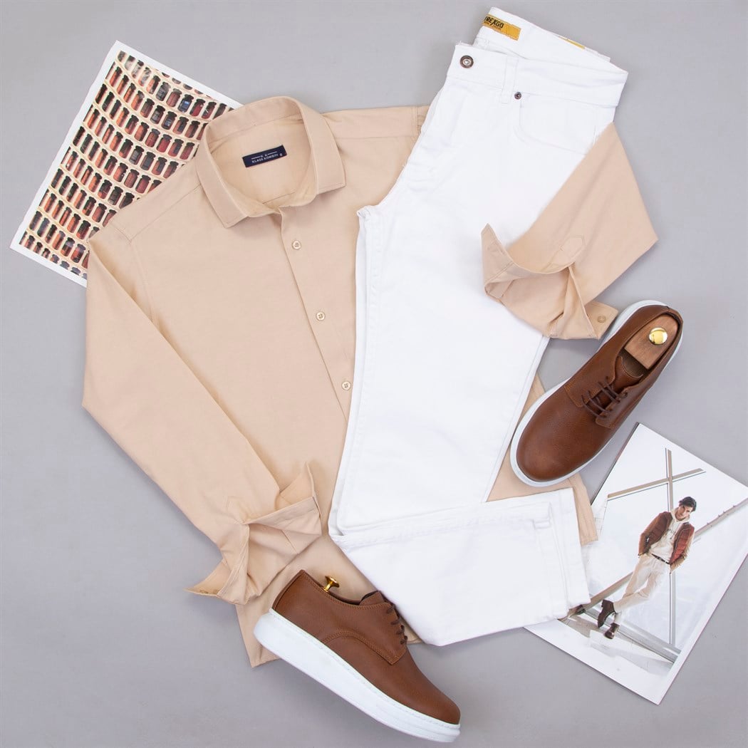 Bej Gömlek Beyaz Kot Pantolon Ayakkabı Kombin